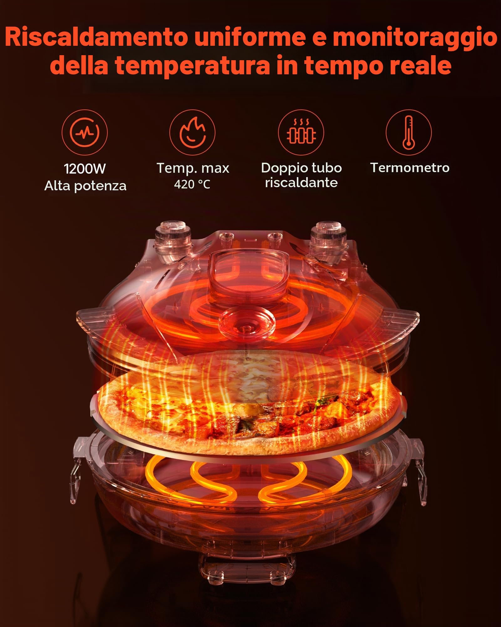 VEVOR Forno Elettrico per Pizza da 30,48 cm, Cuoci Pizza Elettrico per la Casa 1200 W con Pietra in Cordierite, Temperatura a 5 Modalità, Finestra di Visualizzazione, Riscalda Fino a 420 °C, Rosso