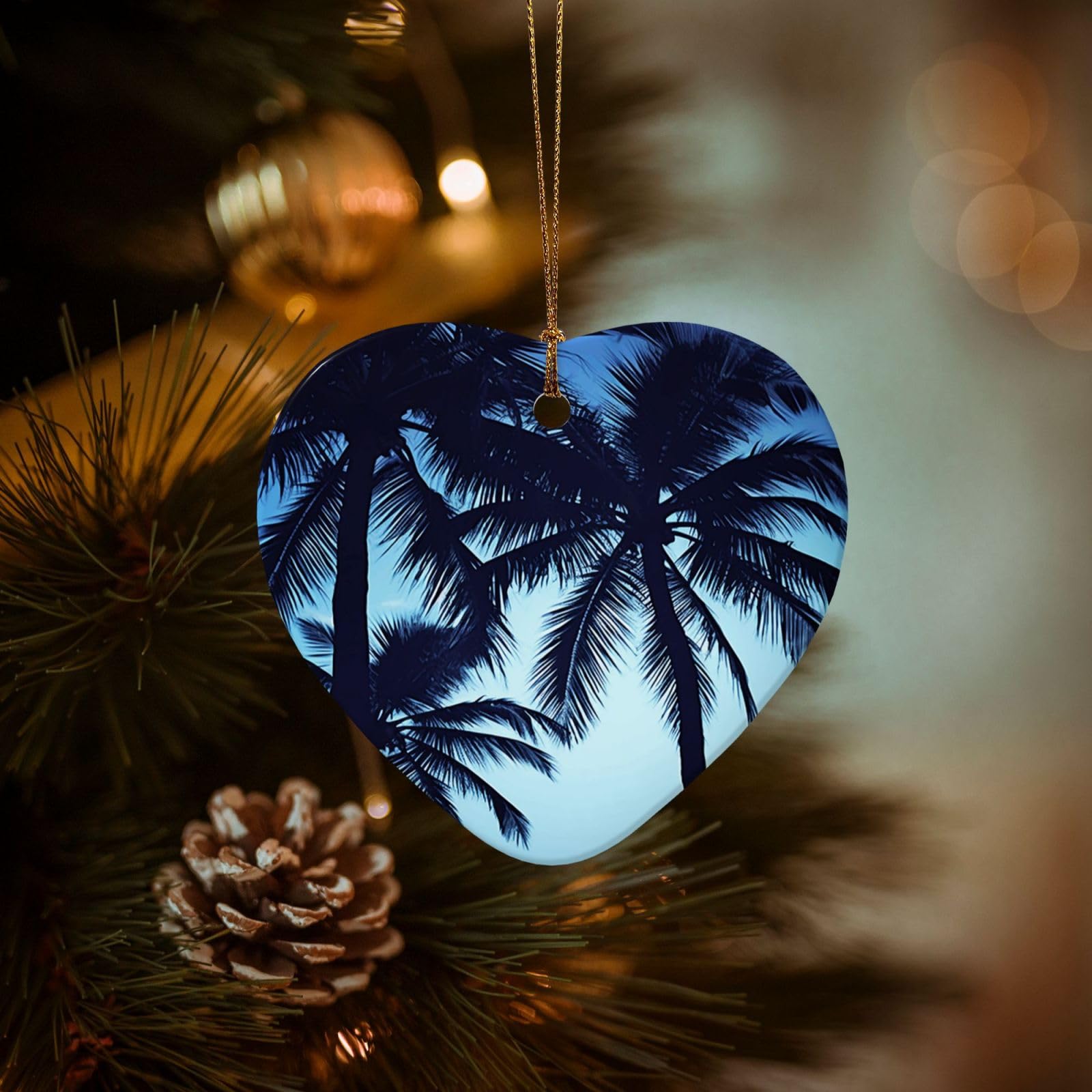 Christmas Tree Ornaments Ceramics Christmas Decorations Palm Tree Blue Ornaments with Gold Ribbon Porcelain Xmas Tree Crafts Heart Shape Hanging Pendant for Christmas Tree Party Decor