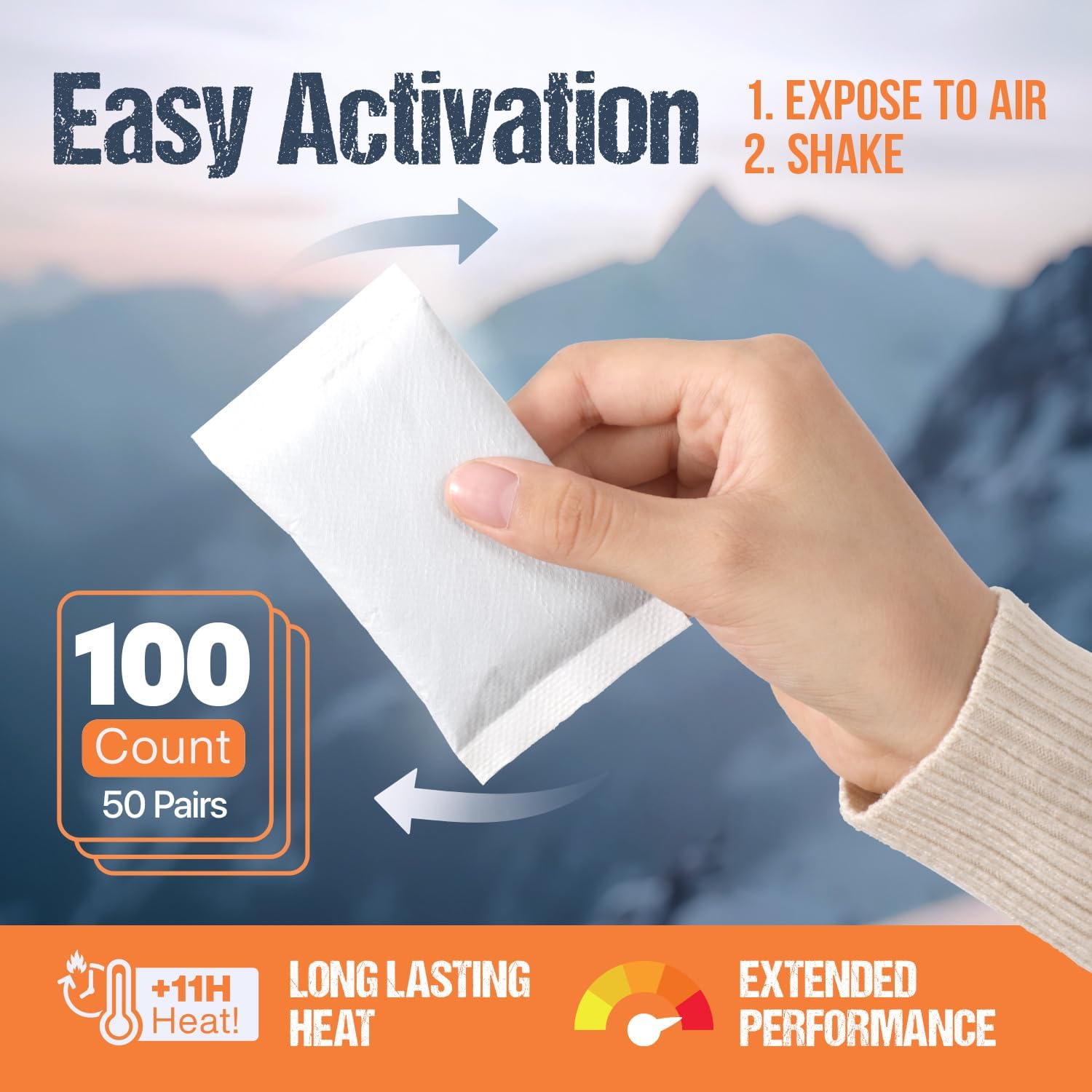 Natural Hand Warmers Disposable - Air Activated 11 Hours of Consistent Natural Heat Handwarmers Pack - Easy Activation | Portable Hot Hands Hand Warmers Bulk, Hot Heat Pack 100 Pairs (200 Total)