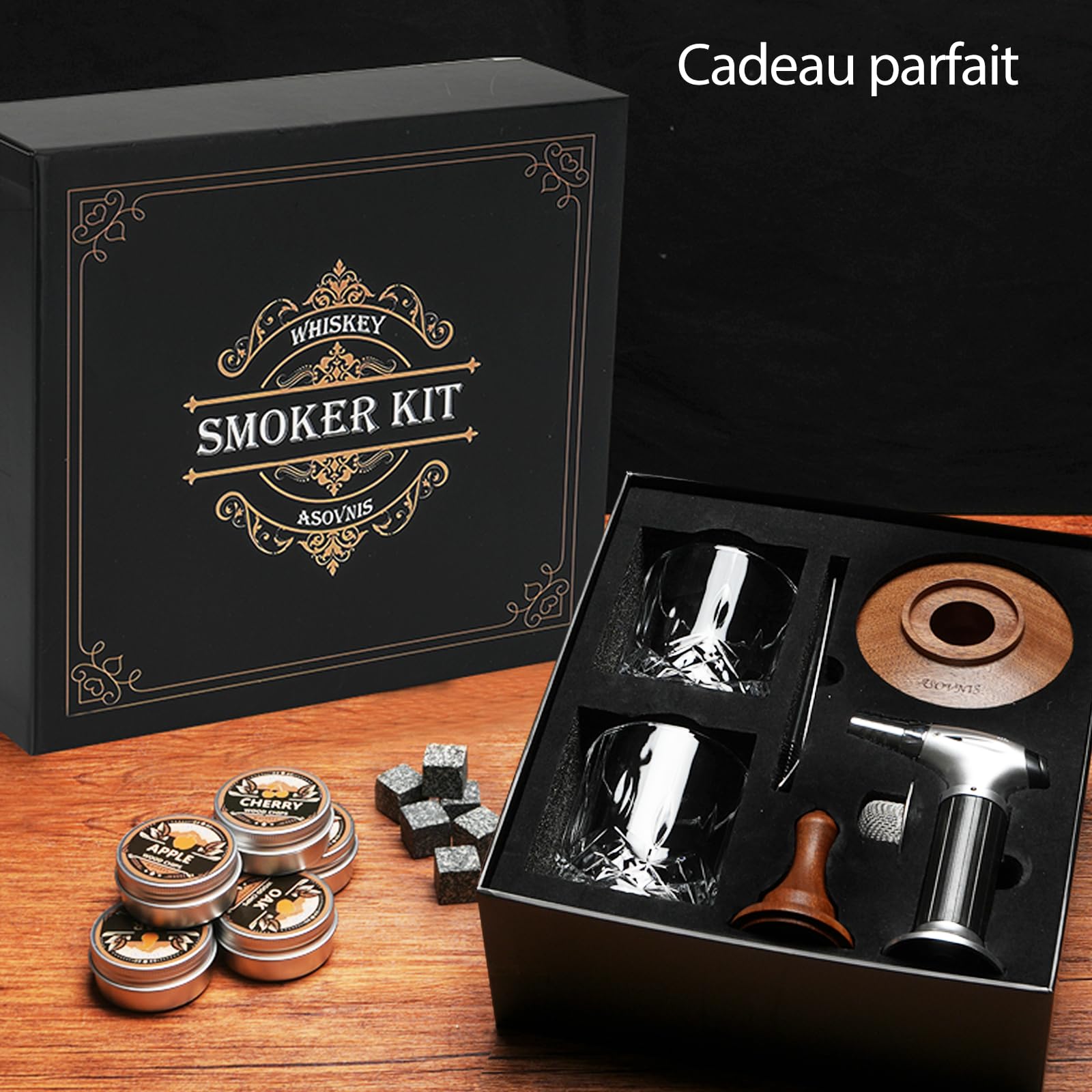Kit fumoir à Whisky avec Torche – 6 Saveurs de copeaux de Bois, 2 Verres, 6 Pierres, kit d'infusion à Cocktail, Boisson Ancienne, Cadeau d'anniversaire pour Homme, Papa (sans Butane) (Ébène)