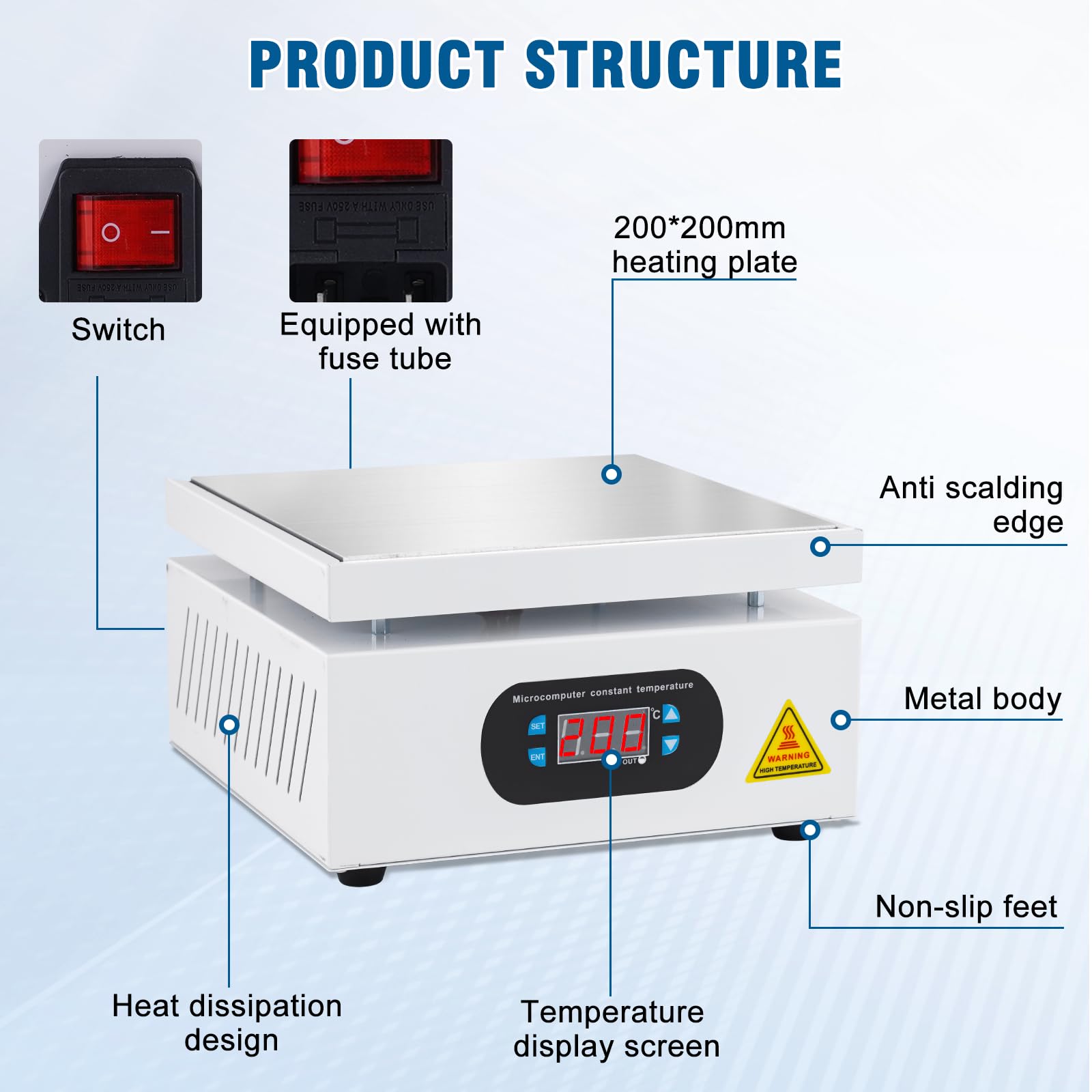 YUCHENGTECH 700W Lötstation-Heizplatte 200x200mm 0-400℃ einstellbar mit LCD