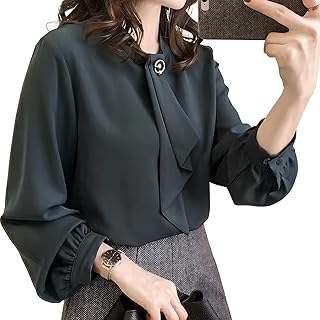 JFashion 胸元ボウタイブラウスレディーストップスシャツゆったりオフィス無地春夏通勤大きいサイズ（L、ダークグリーン）