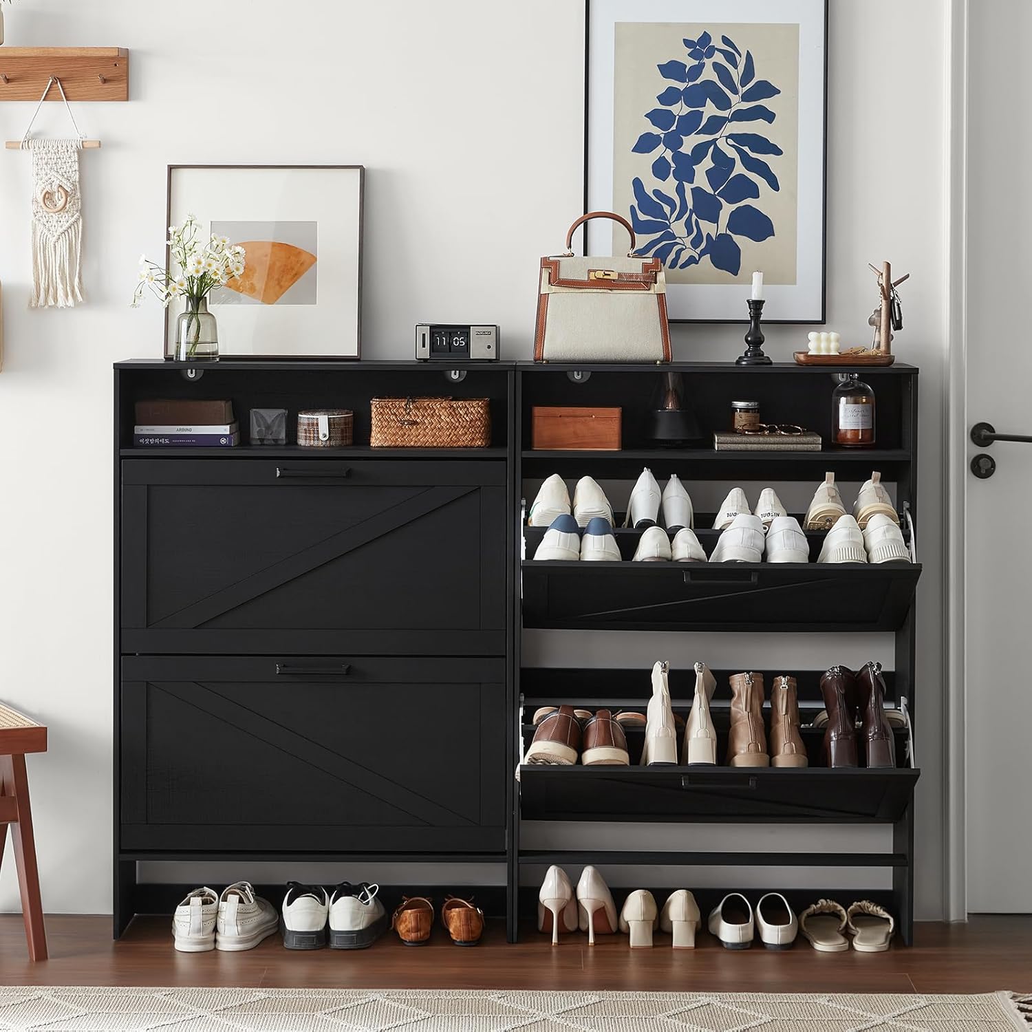 RWYHG Shoe Storage Cabinet with 2 Flip Drawers,Farmhouse Narrow Shoe Organizer with Legs,Freestanding Hidden Slim Shoe Rack Cabinet with Open Storage for Entryway,Hallway, Foyer, Black,2PCS
