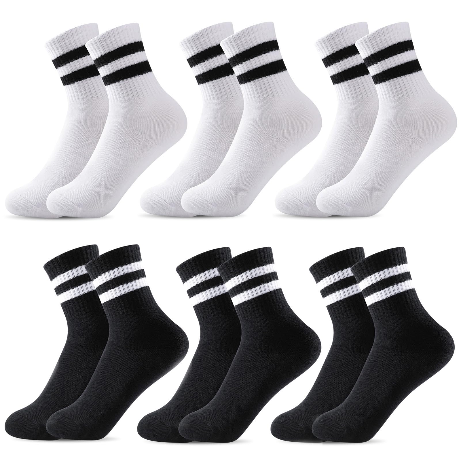 Utensilsto 6 Paar Kinder Sportsocken Tennissocken 22-26 Jungen Mädchen Baumwolle Crew Socken Tennis Sport Socken für Jungen Mädchen Kinder,Schwarz+Weiß