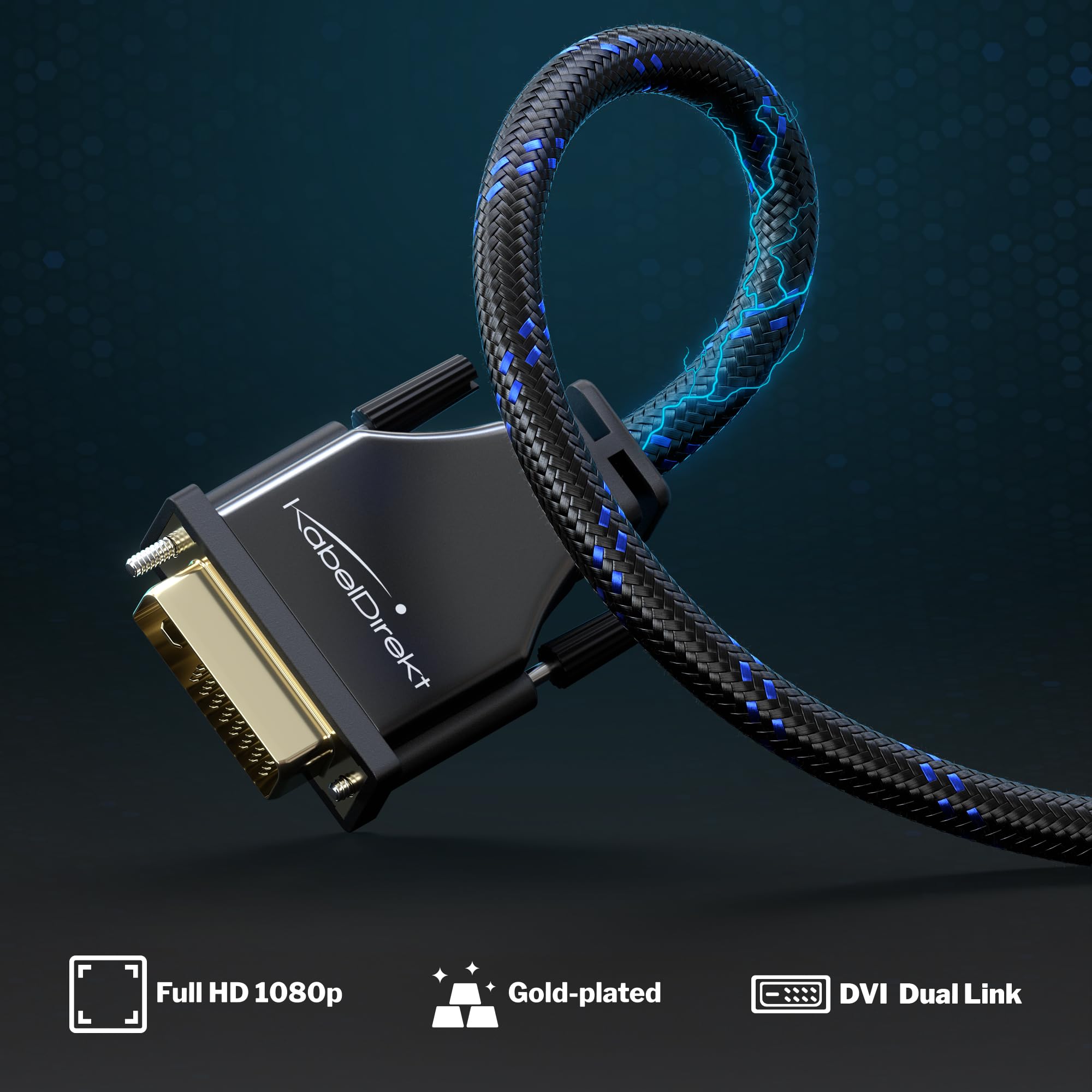 KabelDirekt – Kabel Dual Link DVI – z rdzeniem ferrytowym dla niezniekształconych sygnałów – 7,5 m – w oplocie nylonowym (kabel monitora DVI-D/24+1, 2560×1600 przy 60 Hz lub Full HD/1080p)