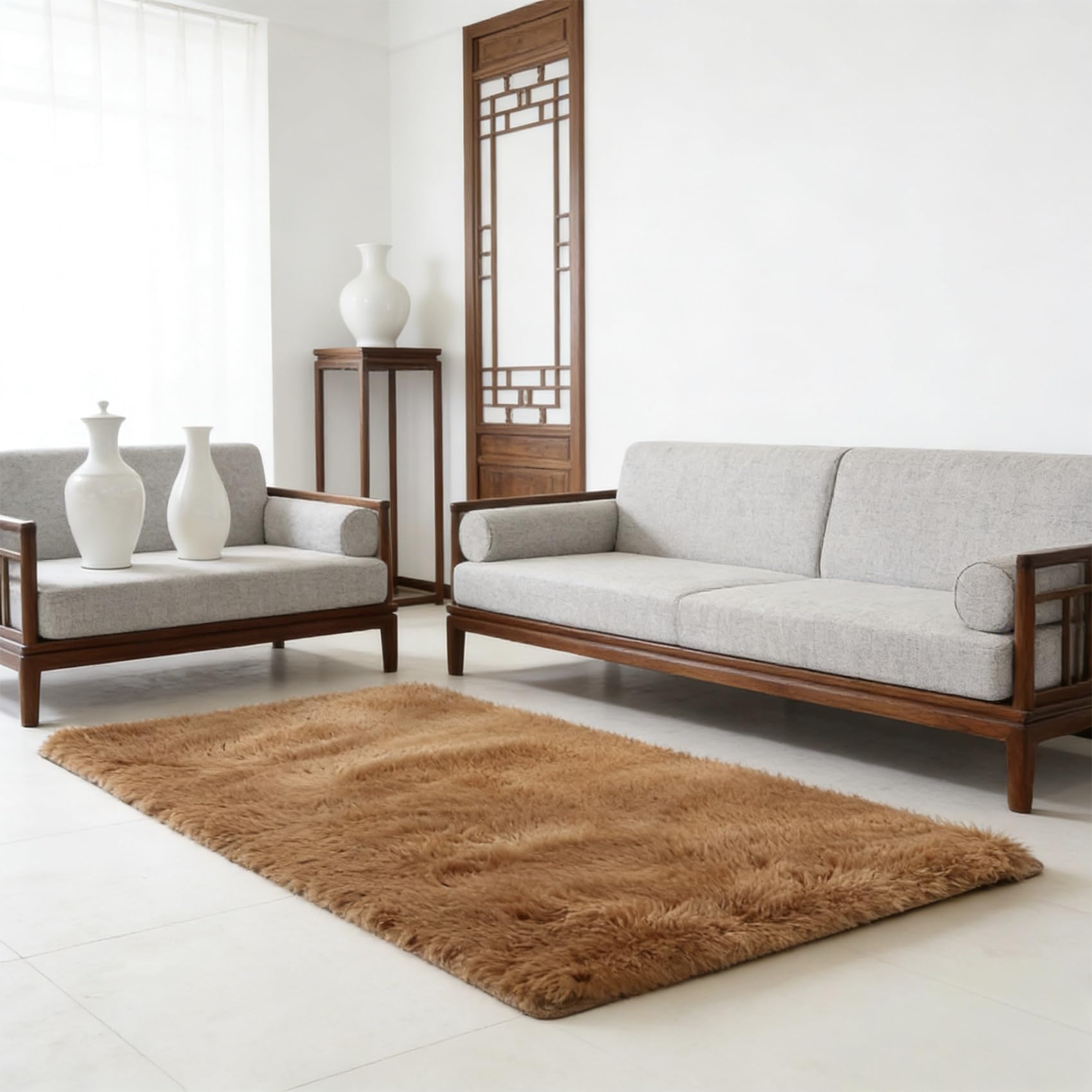 Tapis salon 90 x 200 cm à poils longs marron pour chambre couloir et cuisine