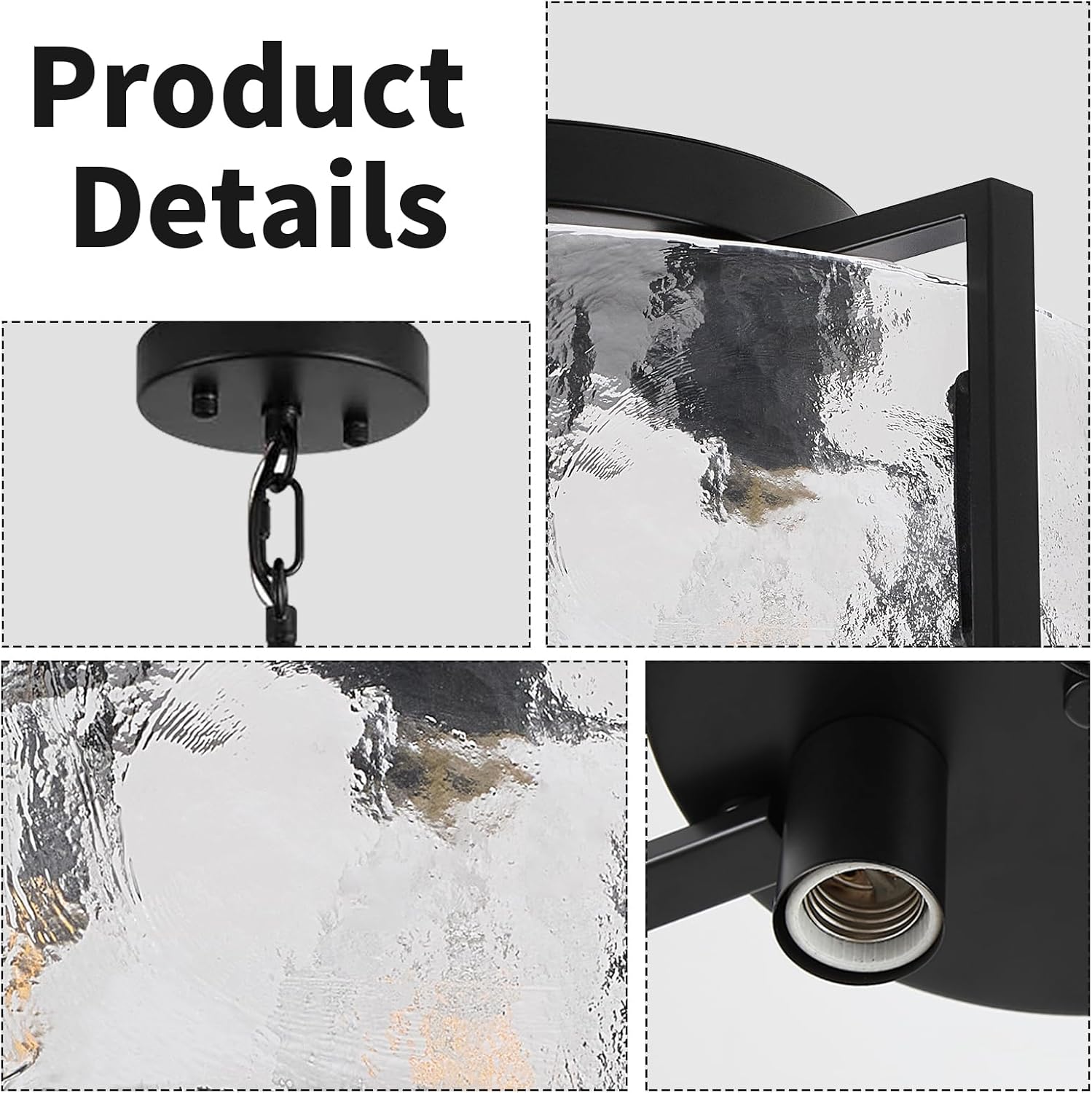 Glass Drum Chandelier for Dining Room, 3-Light Black Modern Chandelier Farmhouse Lights Kitchen Lighting Fixtures Over Table for Foyer Entryway Hallway Laundry Room Bedroom Bathroom