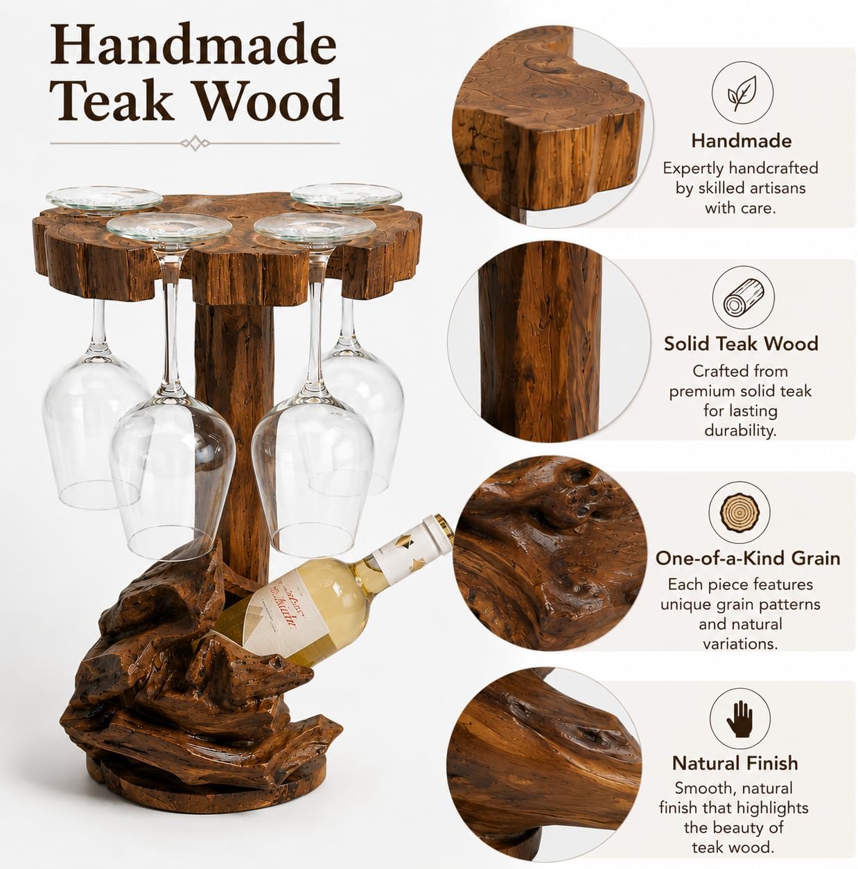 Handmade Solid Teak Wood Wine Holder with Stemware Storage, Round Countertop Wine Rack, Holds 1 Wine Bottle & 4 Wine Glasses, Rustic Home Bar Display image 4