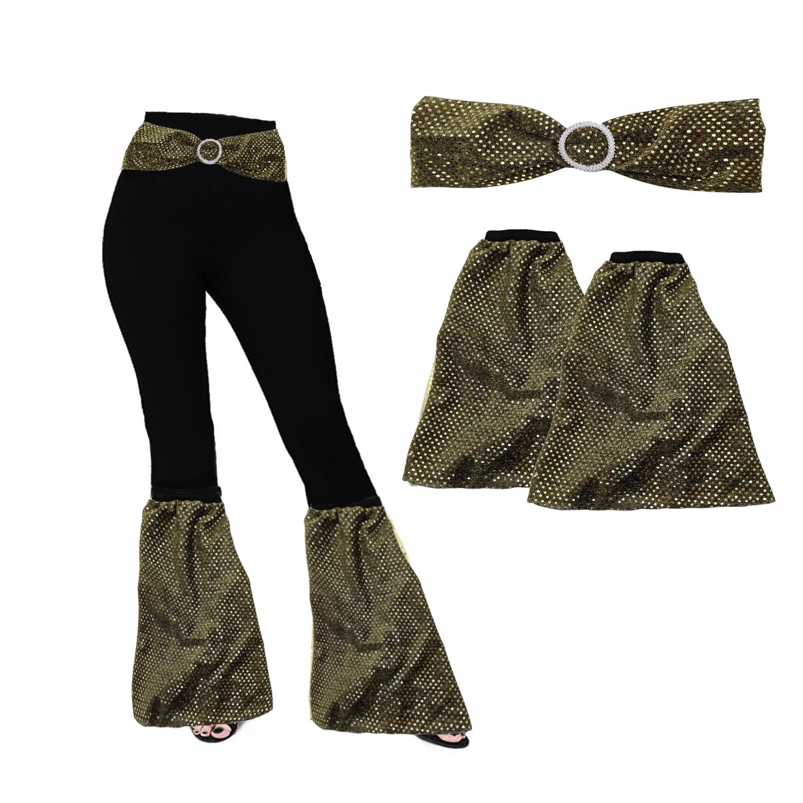 The Dragons Den 1960 70s Sequin Flares Covers & Belt Disco Soul Funk Dance Fancy Dress Set [Black Gold]