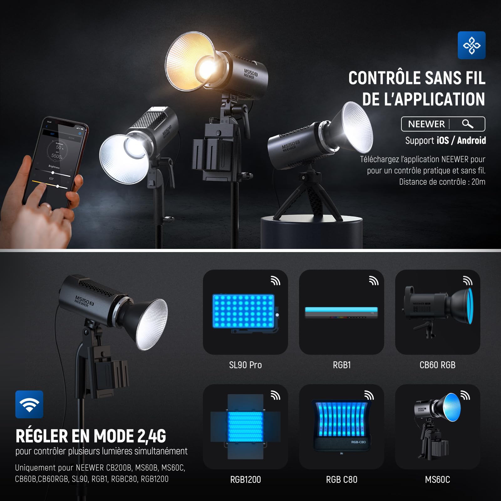 NEEWER MS150B 130W COB Video Light avec 2.4G/Application Contrôle à Distance, Bicolore Éclairage Continue LED, Monture Bowens Lumière Photo Studio