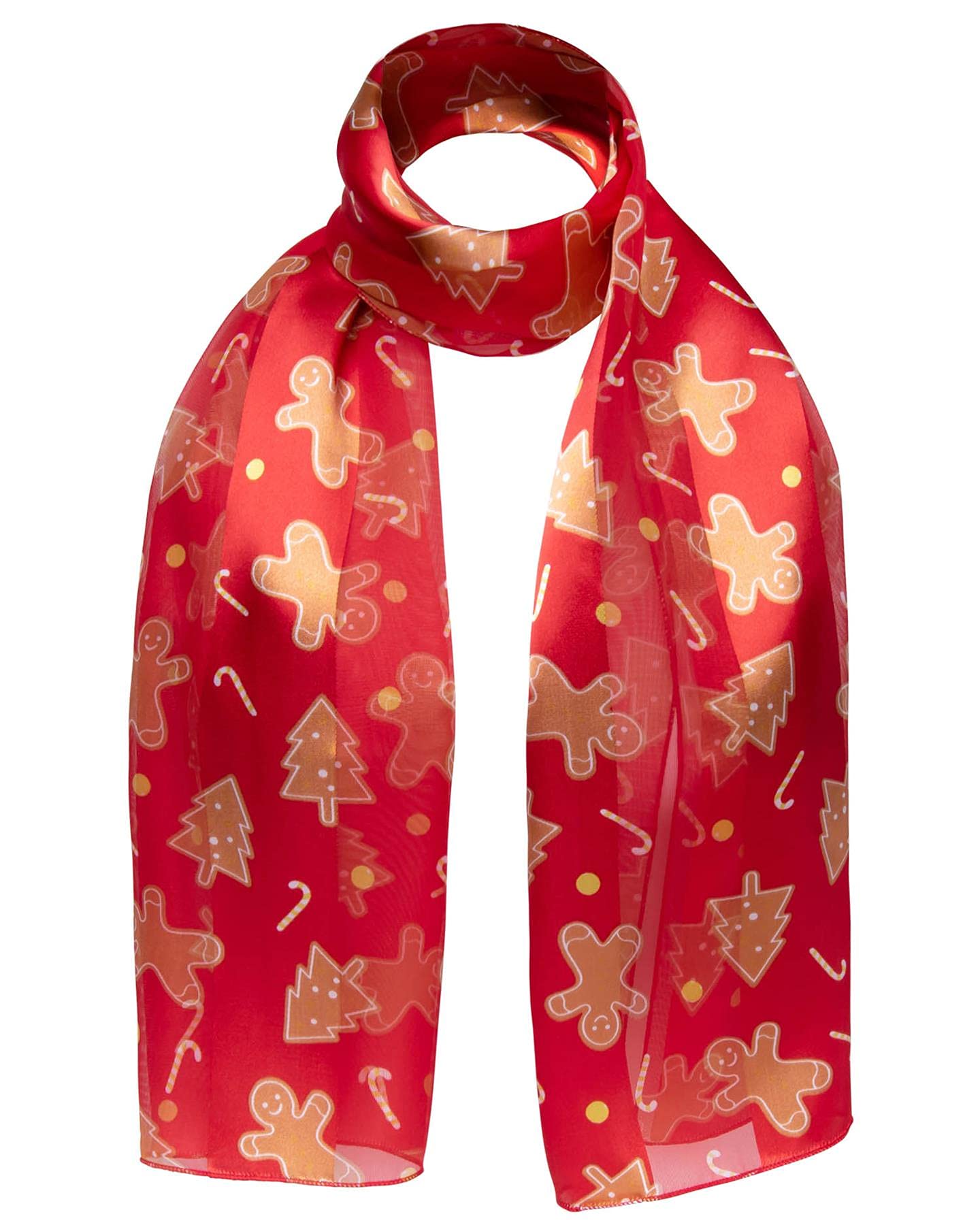 Basic Sense Christmas Scarf for Women, Festive Xmas Scarves with Santa, Snowman & Reindeer Prints, Gingerbread - Red