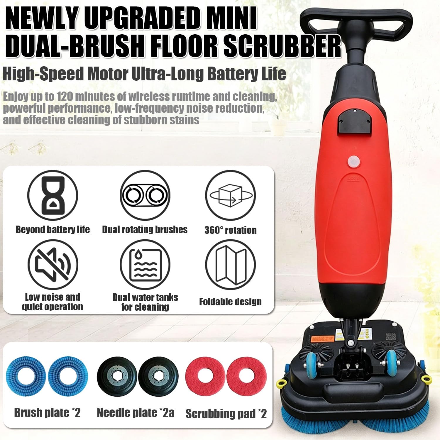 Bodenreinigungsmaschine, 360° Gewerbliche Scheuersaugmaschine, Doppelbürsten-Design, 45 cm Reinigungsbreite, Mit 4,5 L Klarwassertank Und 7,5 L Schmutzwassertank, 1200 M²/H Red