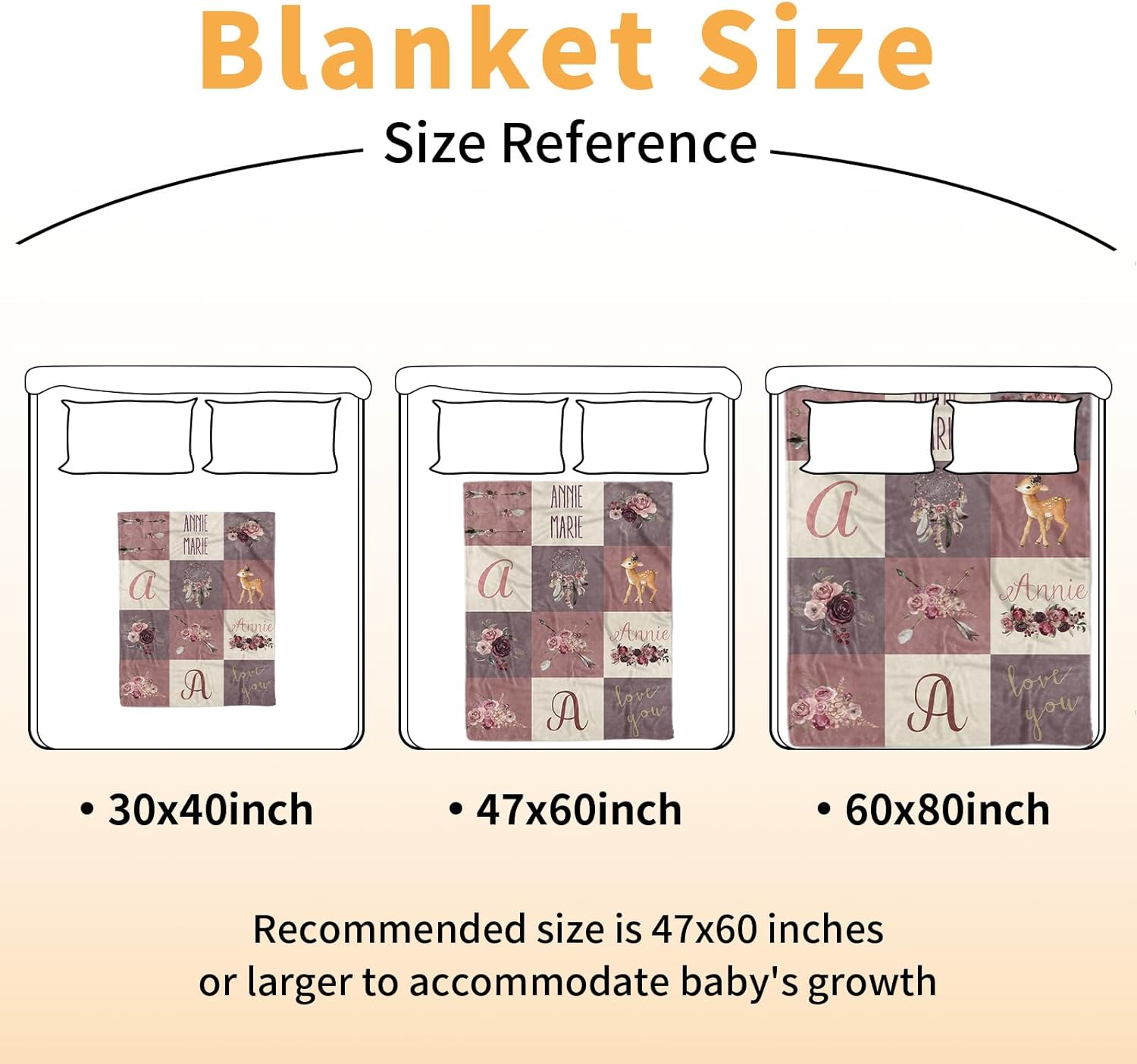 Personalized Baby Blanket - Custom Name Plaid Blankets with Deer Design - Soft Plush Flannel Blanket with Double Layer Dotted Backing for Boys Girls Gift Color06