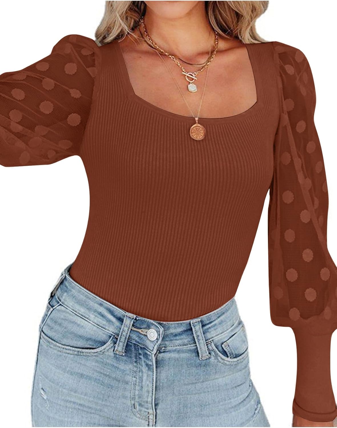 LYANER Women's Square Neck Blouse Sheer Mesh Lantern Sleeve Polka Dot Knit Business Casual Tops Shirts - Image 5