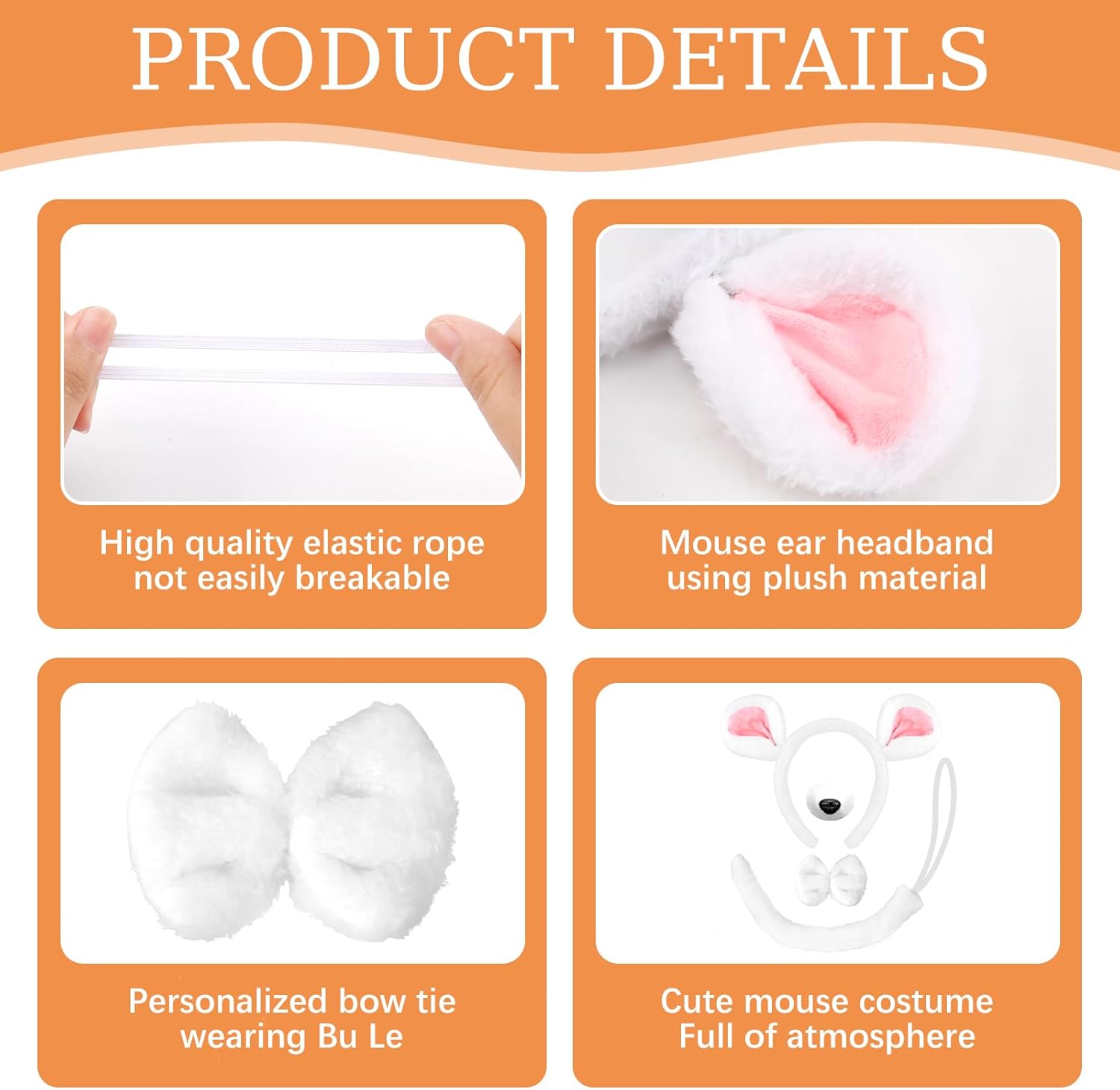 4 Pcs White Mouse Costume Set,Halloween Rat Nose and Headband White Costume Accessories,Mouse Ears and Bowtie Tail Accessories Set,Used for Halloween Adult Costumes Animal Accessory - Image 3