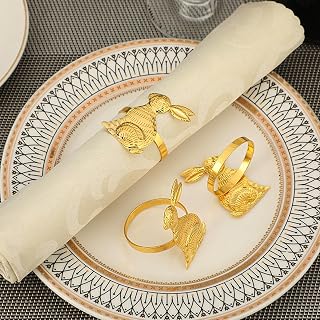 Napkin Rings Set of 6 Serviette Holder Buckles Rabbits Bunny Napkin Rings for Easter, Dinner, Holiday Parties, Wedding, Dinner Party, Table Decorations Gold
