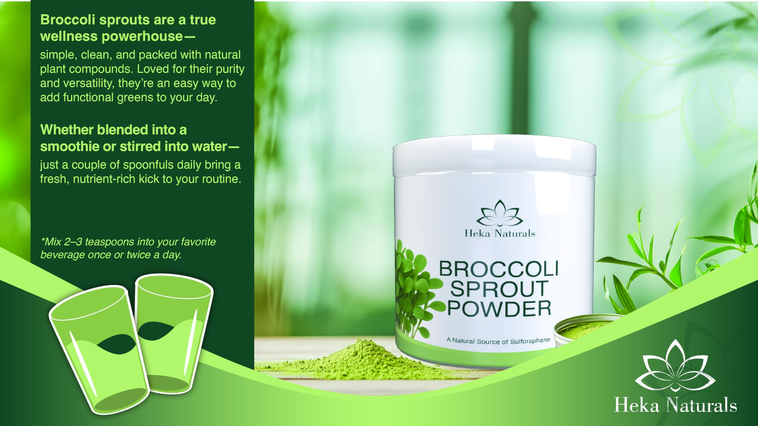 Heka Naturals Poudre de Graines Germées de Brocoli Bio - Super-aliment 100% Pur - Riche en Sulforaphane, Végane, Sans OGM ni Additifs - 400g