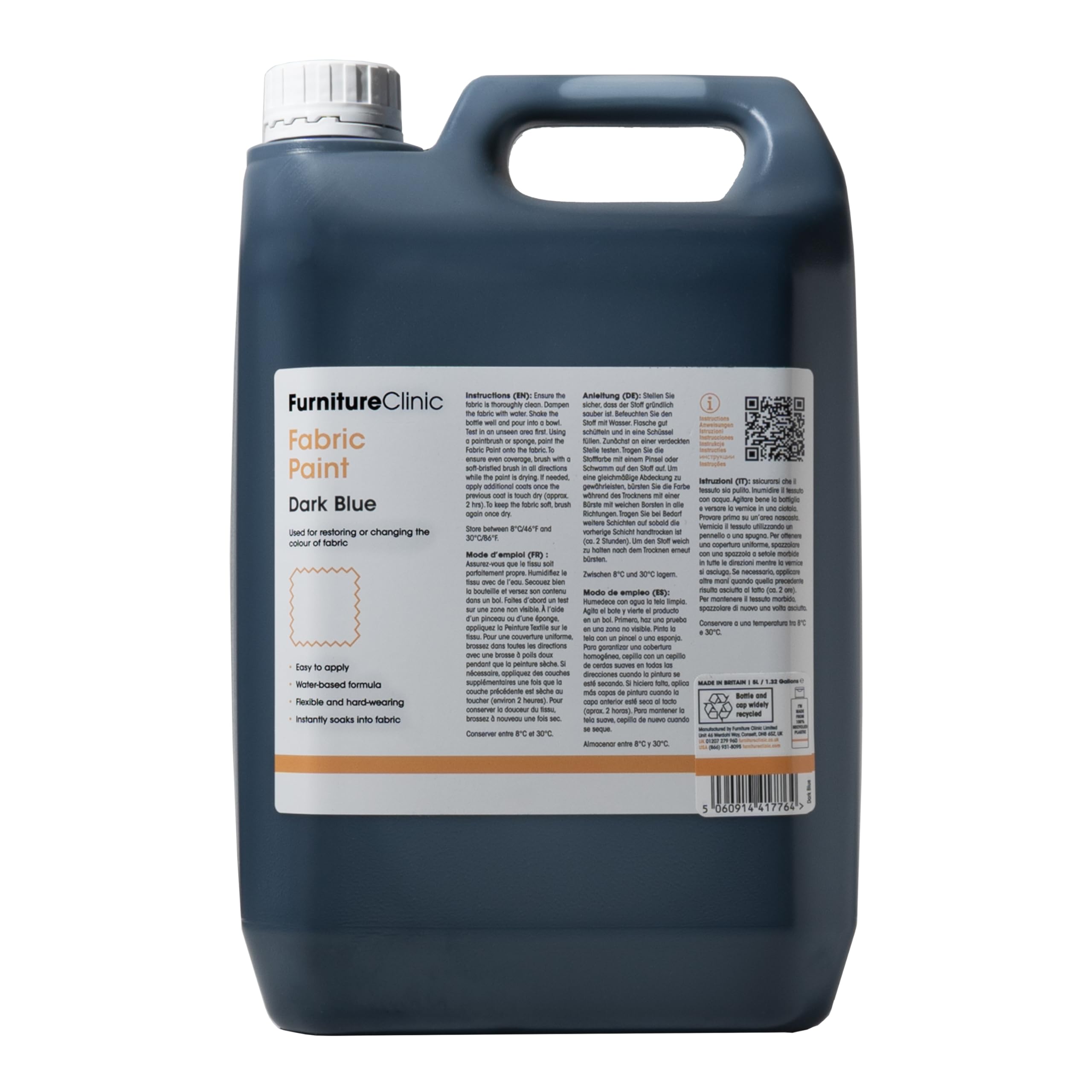 Furniture Clinic Dark Blue Fabric Paint - Use To Restore Or Change The Colour Of Upholstery, Soft Furnishings, Car Interiors - Easy To Use - Works On All Fabrics (, 5 Litre)