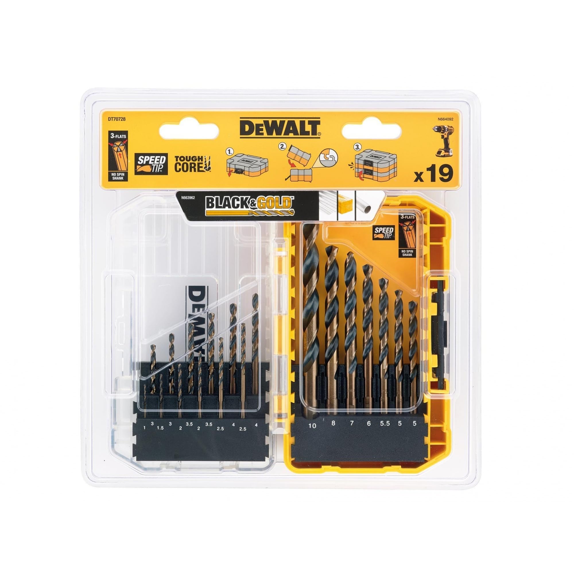 DEWALT DT70728-QZ - Juego de brocas para metal (19 piezas), Acero, Núcleo central cónico, Vástago Antideslizante