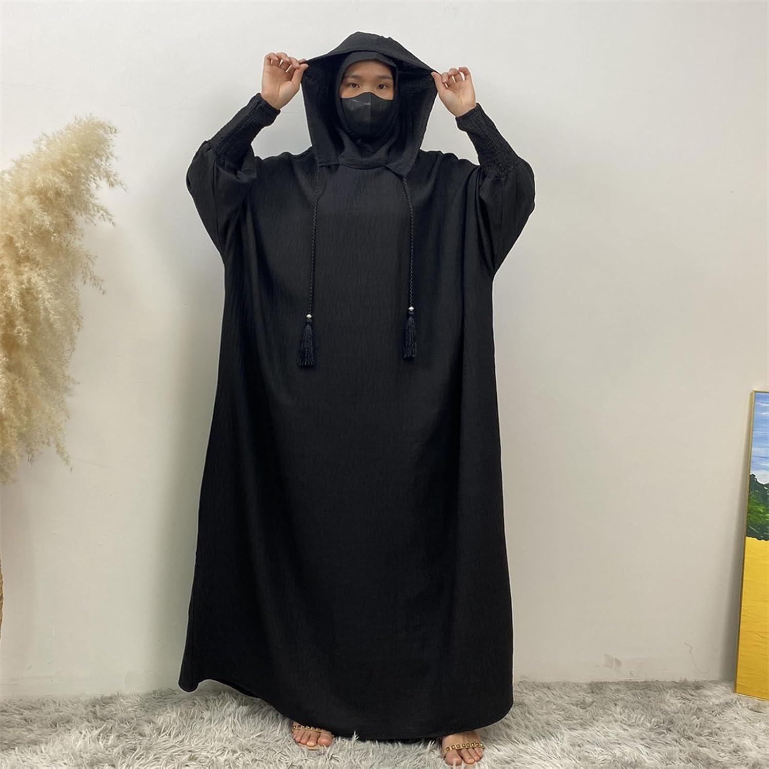 FZYLQY Womens Muslim Abaya Long Sleeve Hooded Kaftan Maxi Dress Loose Fit Islamic Jilbab with Tassel Details for Prayer