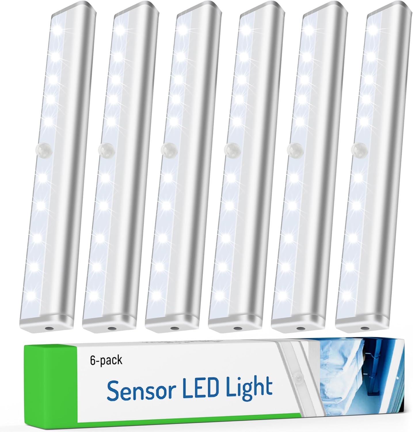 Motion Sensor LED Lights, 6 Pack Battery Operated 10 LED Motion Closet Light, Stick-On Anywhere Magnetic Night Light Bar for Closet Under Cabinet Kitchen Hallway Stairway Vanity Wardrobe