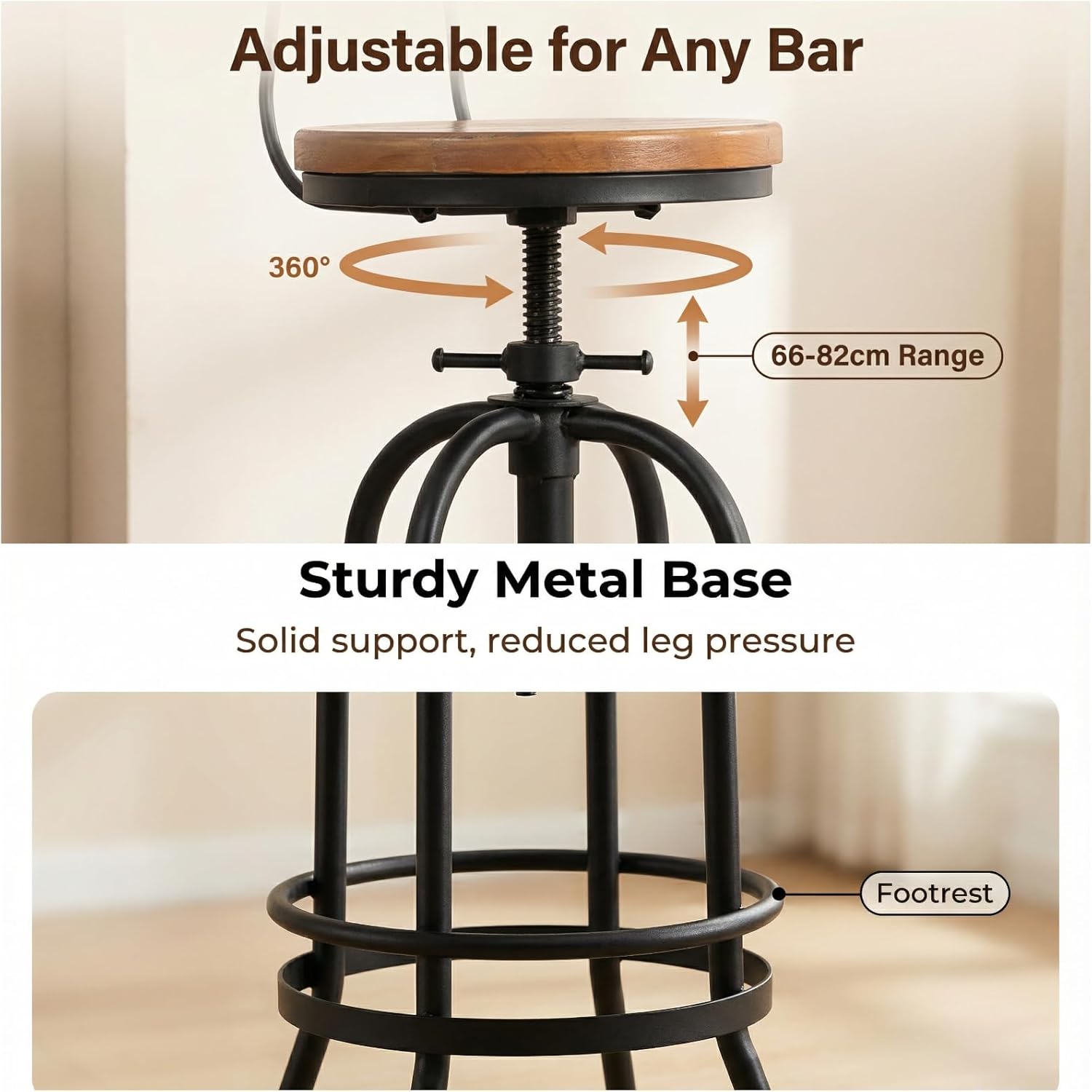 LOKKHAN Industrial Bar Stool-26-32 Inch Adjustable Swivel Round Wood Metal Kitchen Stool Rustic Farmhouse Counter Height Extra Tall Bar Height Stool-Arc-Shaped Backrest,Welded,Set of 2
