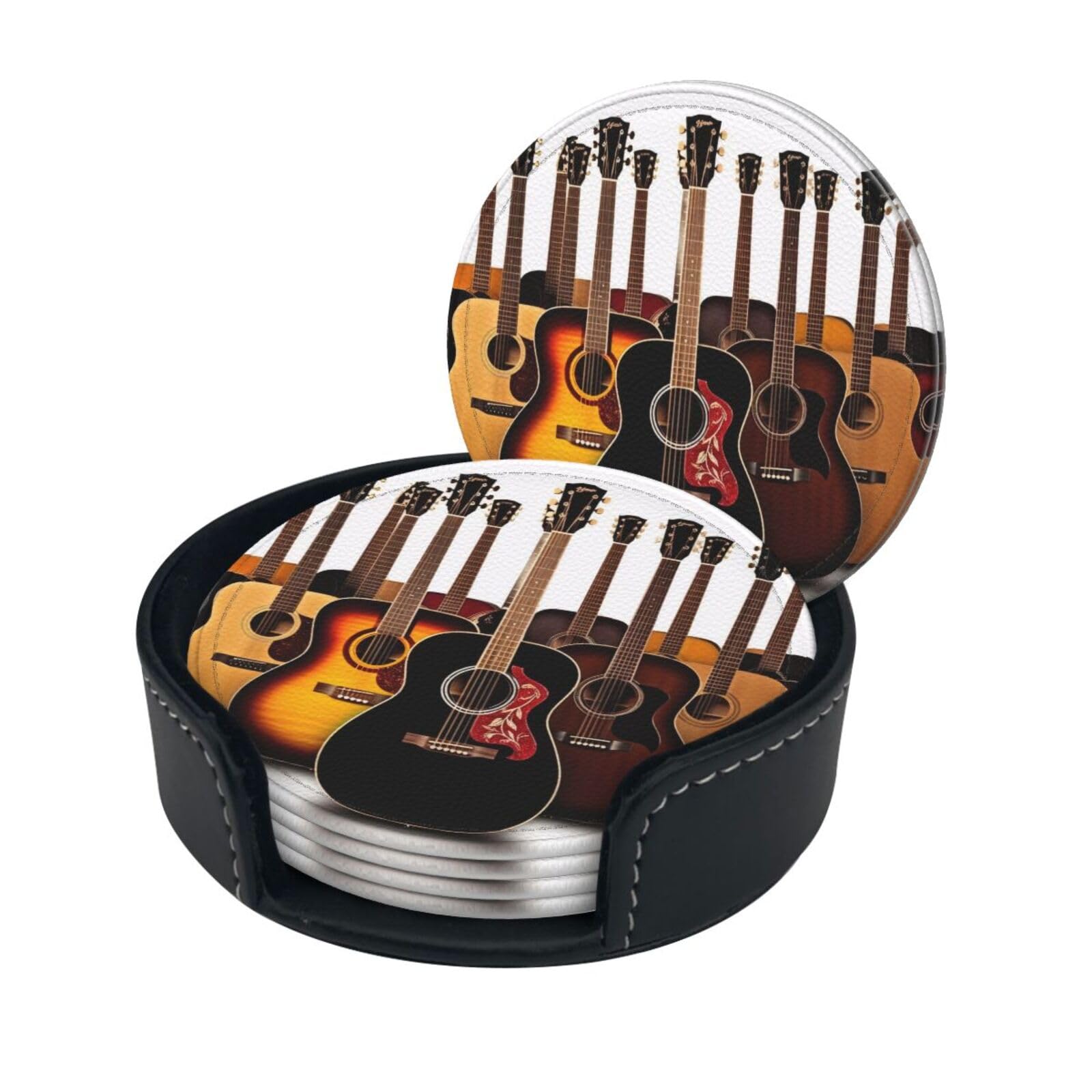 Stylish Coasters - Guitar Cute Set of 6 Round Leather Drink Coasters with Holder - Perfect Size for Cups and Glasses