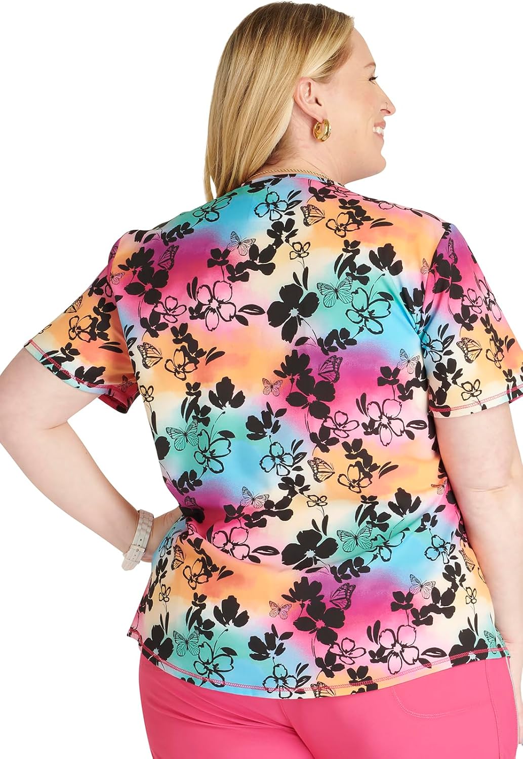 Cherokee Scrubs for Women V-Neck Printed Top Modern Classic Fit with 3 Pockets, Knit Details & Side Vents CK678