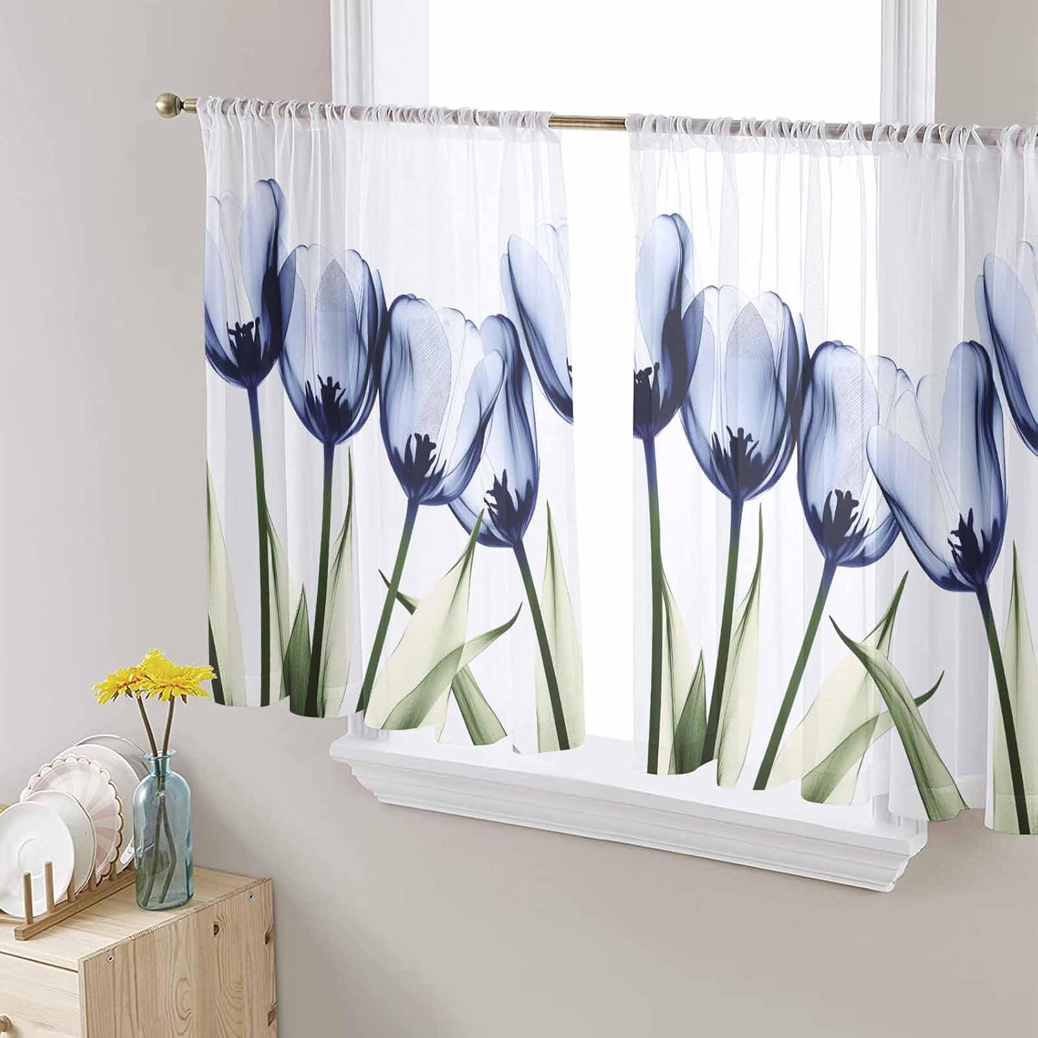 Semi Sheer Curtains 54" Long, Light Filter Window Treatments Curtain Vintage Tulip Blue Flowers Transparent Ray Rod Pocket Drapes for Kitchen Living Room Bedroom Decor 2 Panels