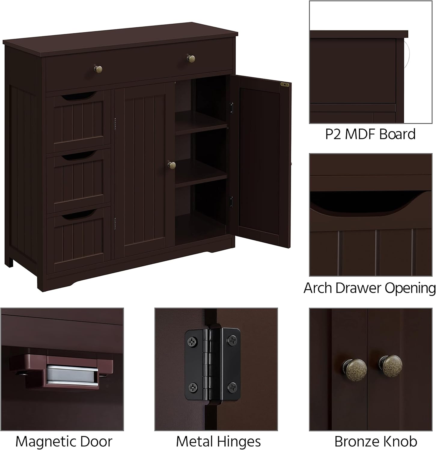 Yaheetech Bathroom Floor Cabinet, Large Storage Space Wooden Organizer with 1 Big Drawer, 3 Small Drawers & 2 Doors, Free-Standing Cupboard for Kitchen/Living Room/Bathroom Use, Espresso