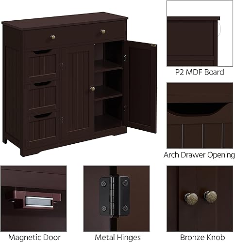 Miniatura 6 de Yaheetech Armario de suelo de baño, organizador de madera con gran espacio de almacenamiento con 1 cajón grande, 3 cajones pequeños y 2 puertas,