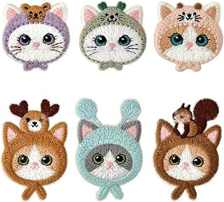 アイロン ワッペン 男の子 女の子 ベルクロ 動物 アイロン アップリケ おしゃれ 刺繍 (帽子と猫 6点セット)