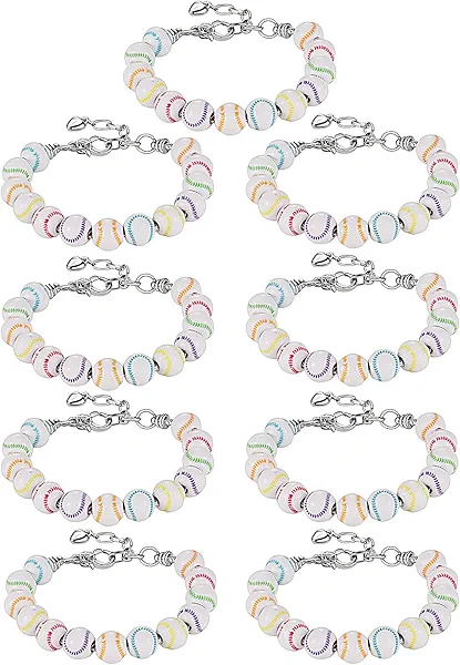 9-Pack Baseball Bracelets with 13 PCS Wooden Beads,Baseball Bracelet Strung with Stainless Steel Chain & Adjustable 18+4cm Length, Mini Heart Charm, Perfect for Baseball Team Gifts
