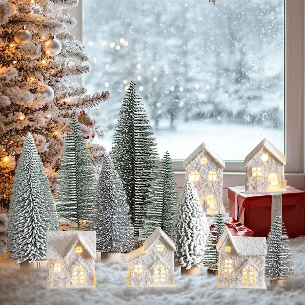 13 Pcs White Christmas Village Set with 5 Lighted Wooden Houses and 8 Snow Trees,LED Tabletop Xmas House Figurines Decorations,Artificial Christmas Trees Set with Wooden Base,Xmas Decor Indoor