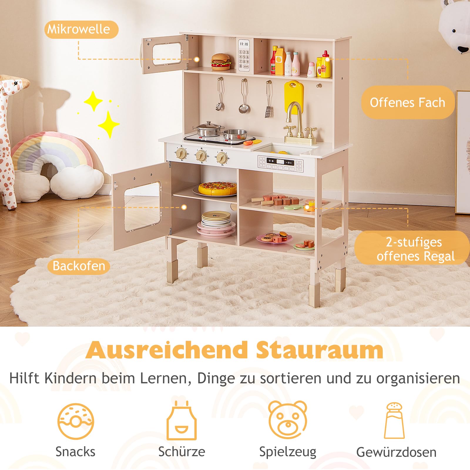 DREAMADE Kinderküche aus Holz, Spielküche mit Geräuschen & Lichtern, höhenverstellbare Holzküche mit Ofen, Mikrowelle, Herdplatte, Spüle & Zubehör, Spielzeugküche mit Stauraum für Kinder ab 3 Jahren
