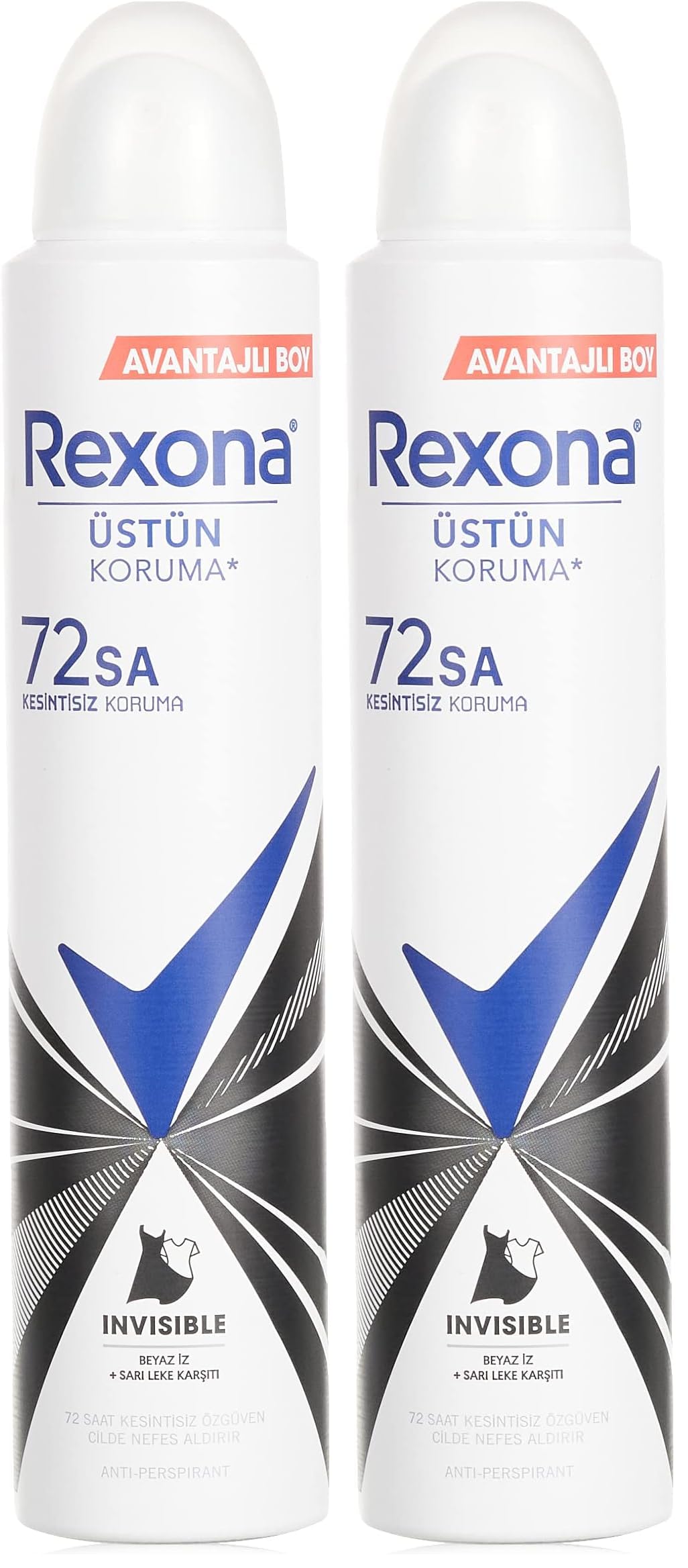 Rexona Kadın Sprey Deodorant Invisible Beyaz İz Sarı Leke Karşıtı 72 Saat Kesintisiz Üstün Koruma 200 ml (2 paketi)