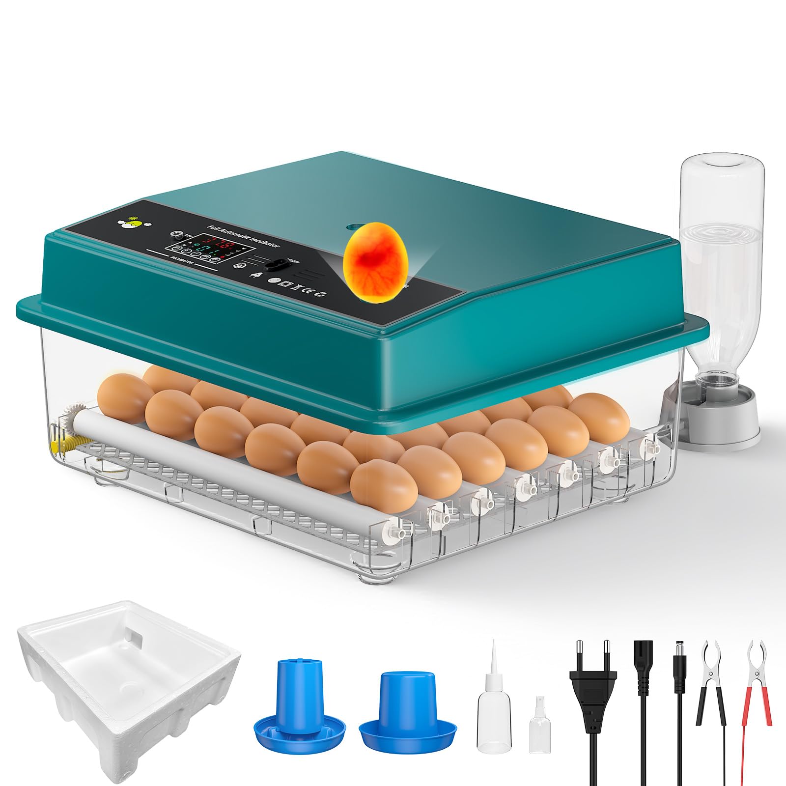 Incubatrice per Uova Automatica, Incubatrice per Uova Automatica 16-64 Uova con Rotazione Automatica delle Uova e Aggiunta di Acqua, Doppia Alimentazione, Controllo della Temperatura, Spia per Uova