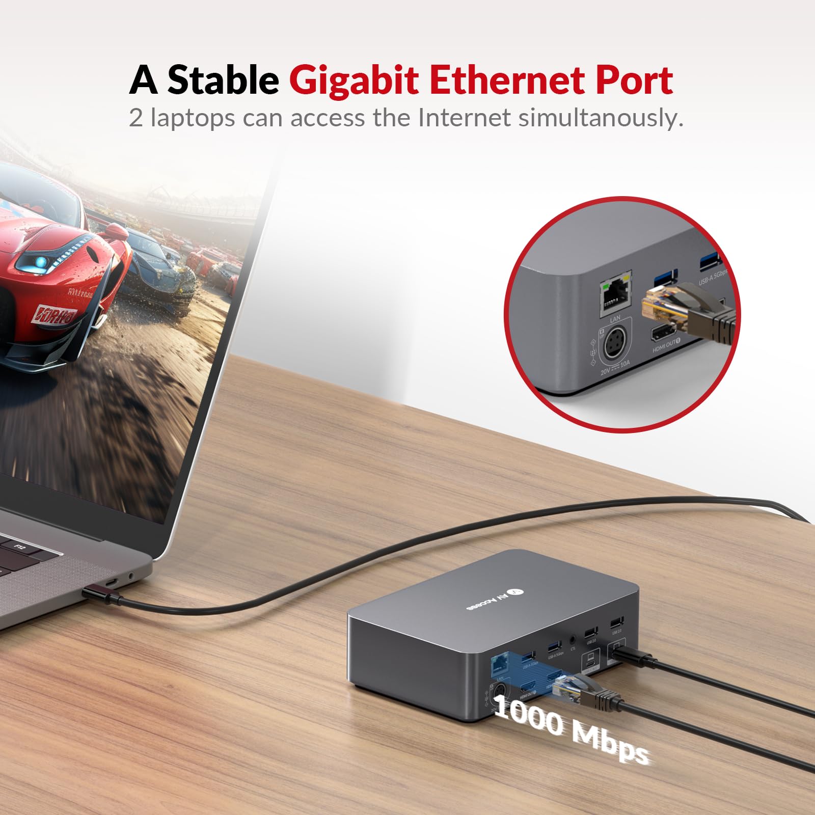 AV Access KVM Switch Dock 2 Monitors 2 Laptops, 4K KVM Switch Dual Monitor, 2 USB-C MST Ports, 60W PD for Each PC, 1G Ethernet, EDID Emulation, 2K@144Hz, 1080P@240Hz, Ideal for Home Office & Gaming