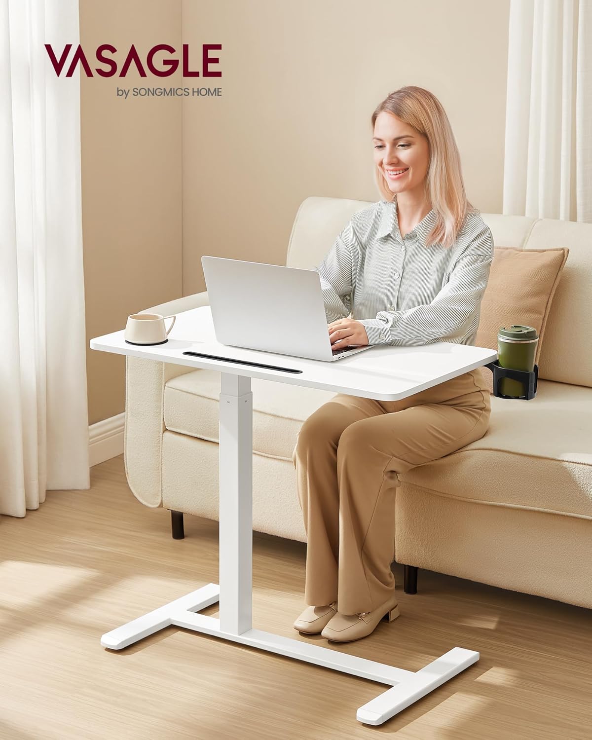 VASAGLE Overbed Table with Wheels, Mobile Standing Computer Desk, 31.5 x 17.7 Inches Tabletop, Adjustable Height, 2 Cup Holders, Phone and Tablet Slot, Cloud White ULSD601W01