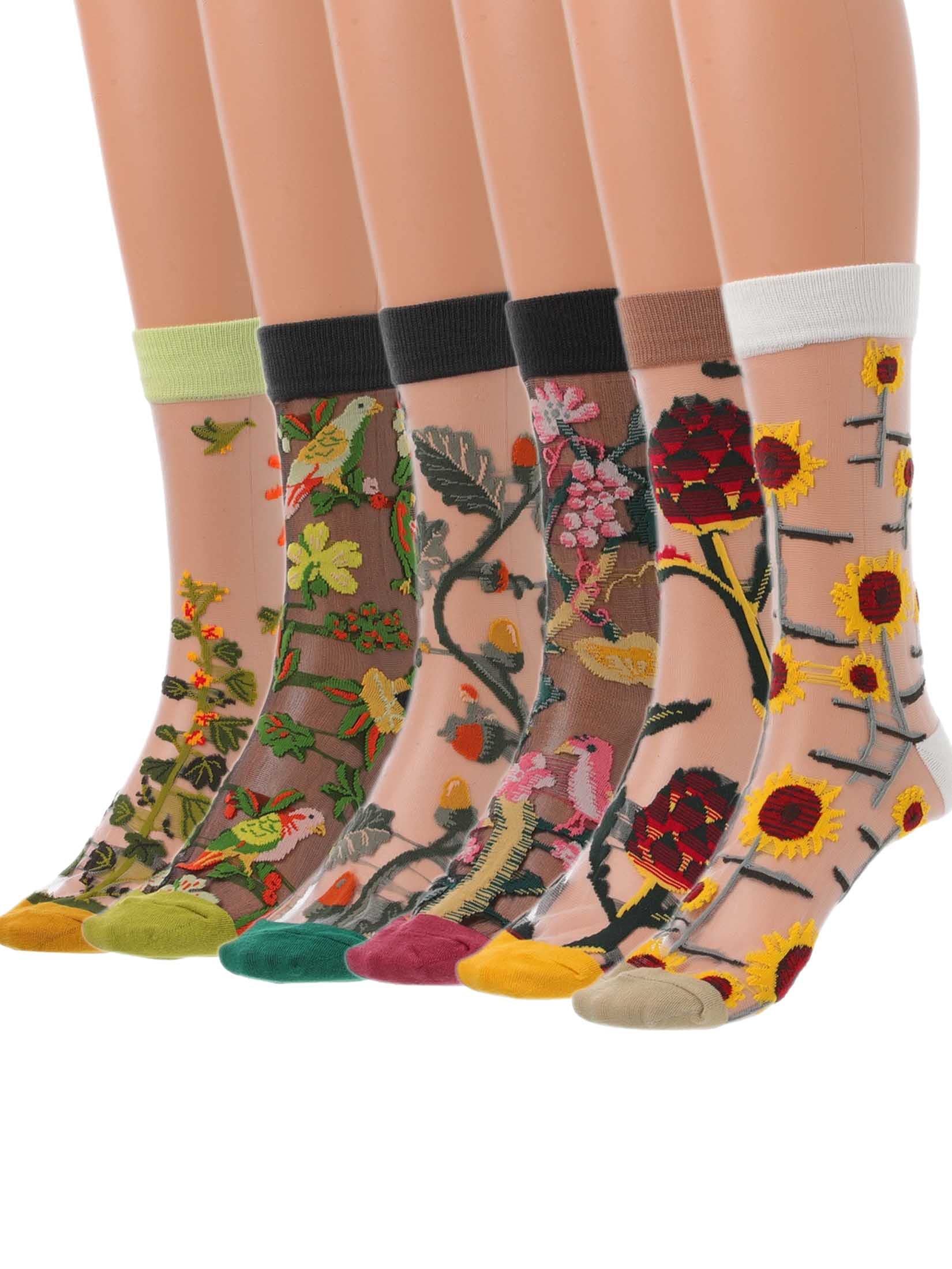 IYOU Flower Printed Sheer Socks Women Green Embroidery Casual Mesh Socks Ultrathin Breathable Ankle High Sock for Women(6 Pairs)