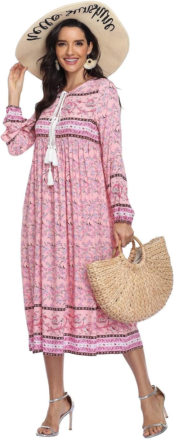 VintageClothing Women's Long Sleeve Bohemian Midi Dresses Summer Floral Retro V Neck Tassel Casual Dress - Image 4