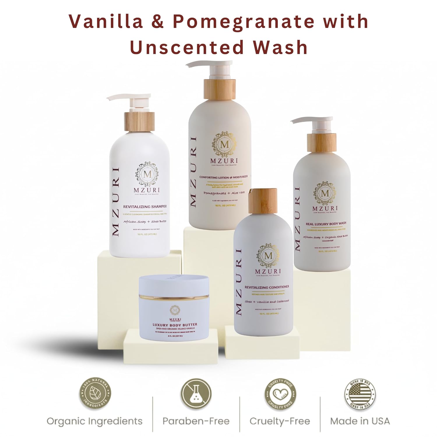 MZURI Luxury 6-Piece Spa Kit - Unisex - Vanilla & Pomegranate Blend -Body-Wash (Unscented), Lotion, Butter, Shampoo & Conditioner + free African Net Sponge – Self-Care Gift Set for Dry/Sensitive Skin