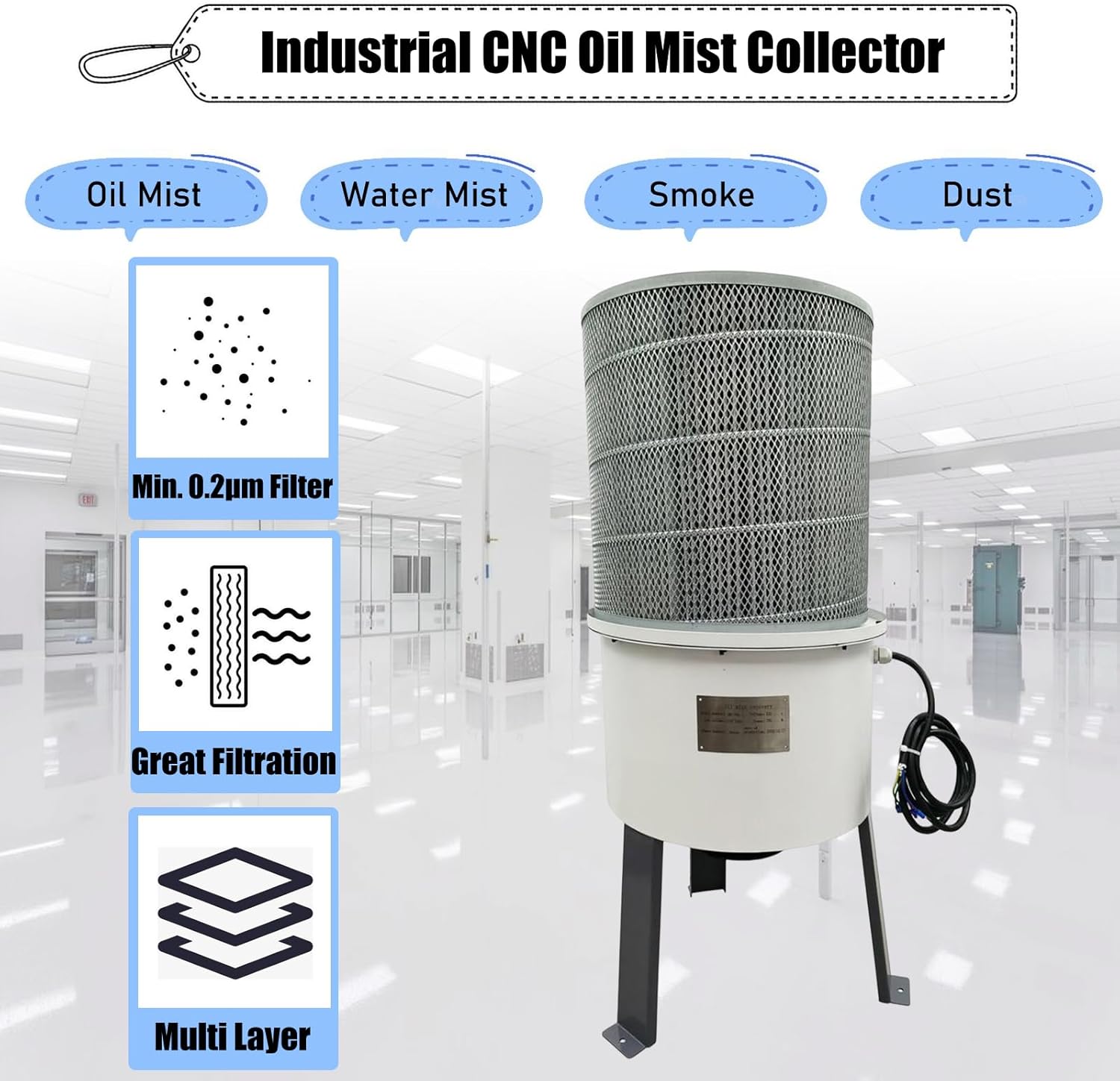 Industrial Oil Fume Purifier CNC Oil Mist Collector CNC Oil Mist Purifier 650-824CFM Industrial CNC Soot Purifier 3PH 1HP CNC Machine Tool, 220V Three-Phase