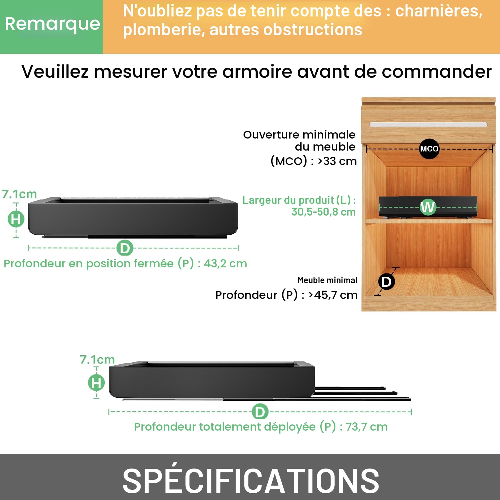 Kitstorack Tiroir Coulissant Cuisine 2 Pièces - avec 3 Rails de Guidage & Film Nano-Adhésif - Tiroir Coulissant Placard pour Rangement Cuisine - Montage par Adhésif ou Vis (43x30-50x5,8 cm, Noir)
