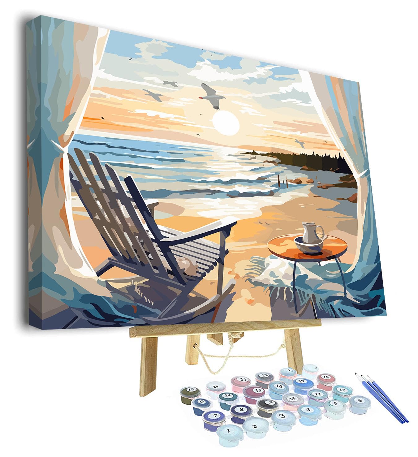 TISHIRON Paint by Numbers Kit for Adults - Serene Coastal Seaside at Sunrise with Seagulls, Peaceful Morning Beach Landscape DIY Art for Beginners - 16x20 Inch(Framed)