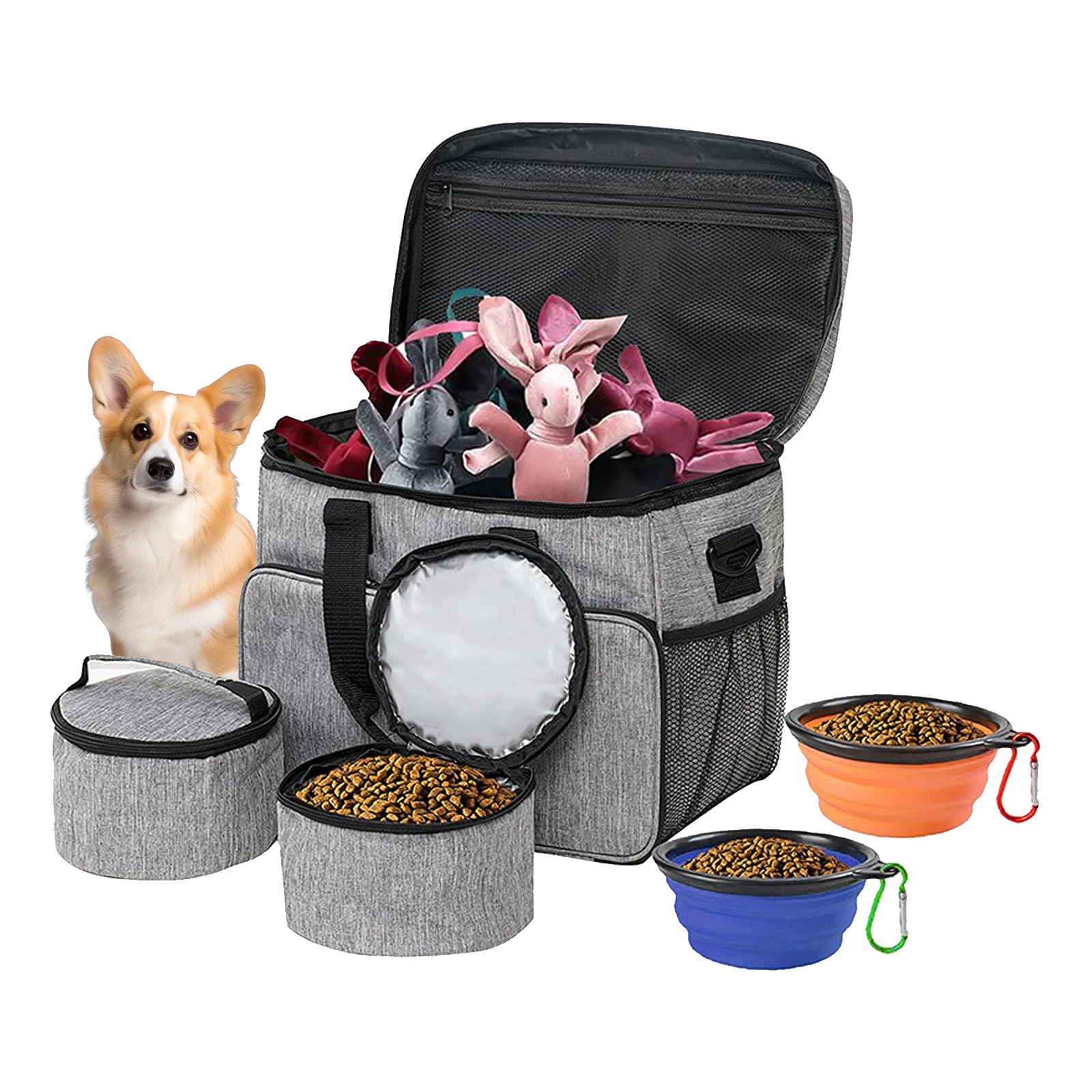 Sac de Voyage pour Chien Grand Sac de Voyage pour Chien - Organisateur de Fournitures pour Animaux avec 2 Récipients de Nourriture et 2 Gamelles Pliables pour Chiens et Chats Grand Sac
