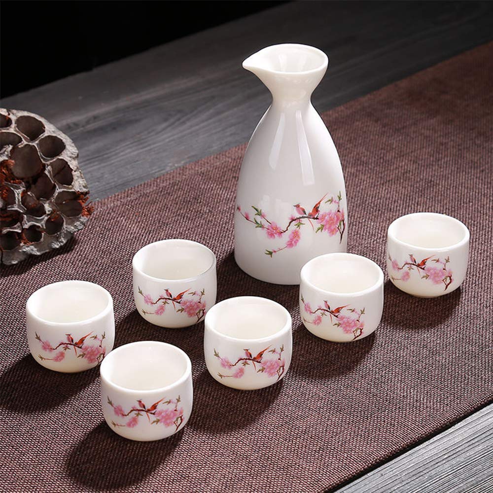 MRKU Set da 7 Pezzi per sakè, Set di Bicchieri da Vino in Ceramica, Design con Fiori sotto Smalto, per tè Shochu Freddo Caldo e Caldo, Il miglior Regalo per la Famiglia e Gli Amici - Servizio da tè