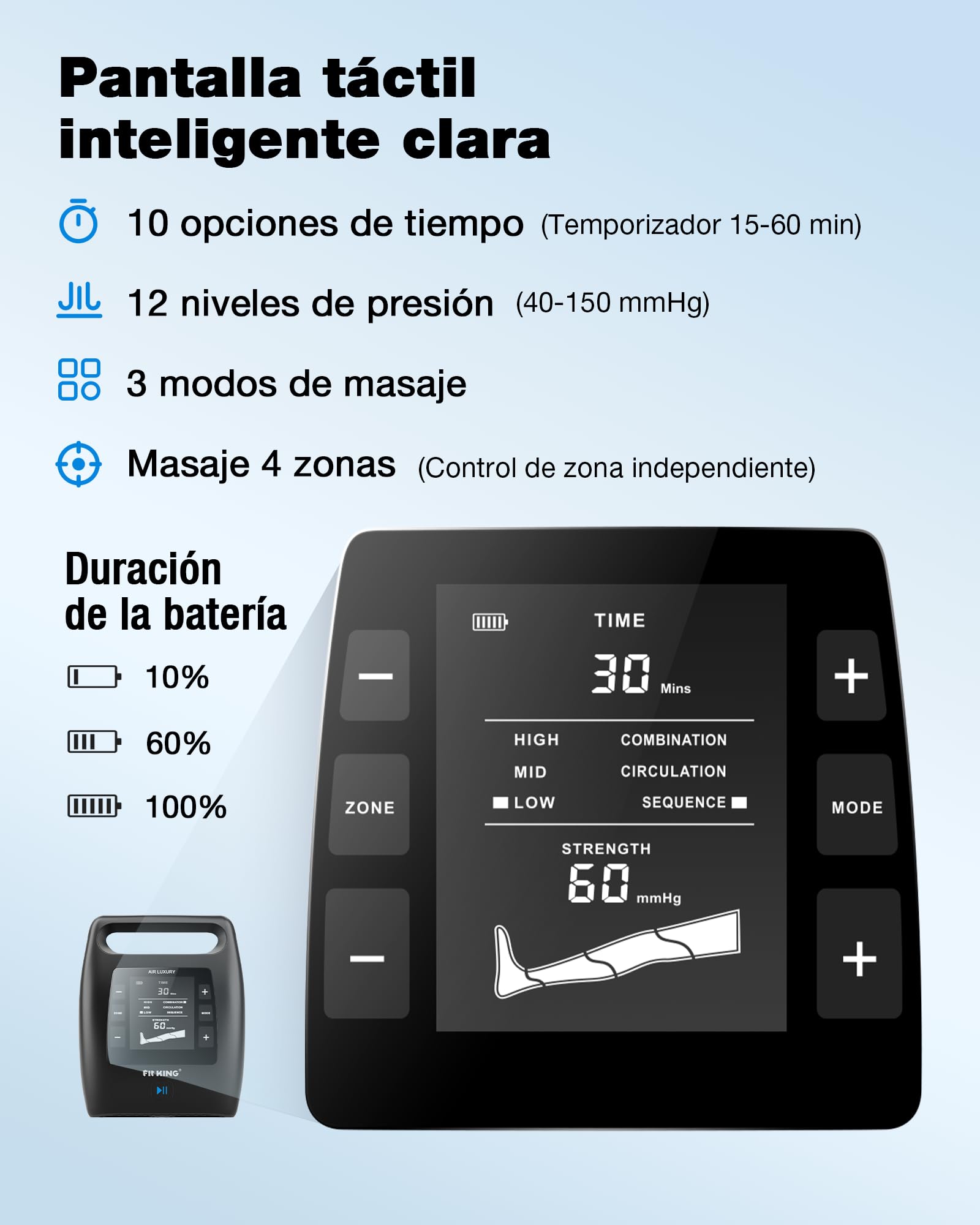 FIT KING botas presoterapia piernas, control de 4 zonas recargable (S) | Presoterapia para casa 12 intensidades 3 modos para pies pantorrillas y muslos Recuperación post-entreno y relajación diaria