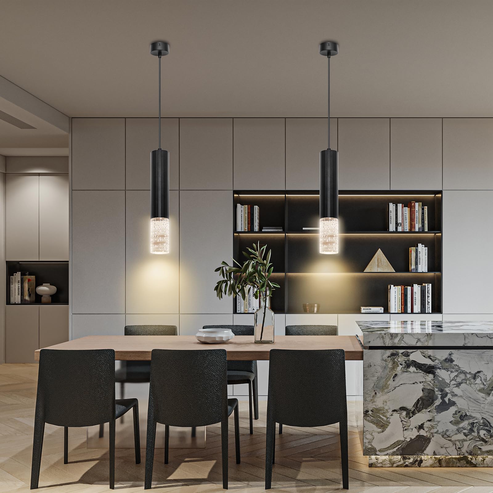 GeyouLux 2 Pezzi Lampada a Sospensione Cristallo Bolla Lampadario Cucina Con Presa GU10 Alluminio 30CM Lampadario a Sospensione Nero Lampada Sospensione Massimo 60W Per Cucina(Nessuna lampadina)