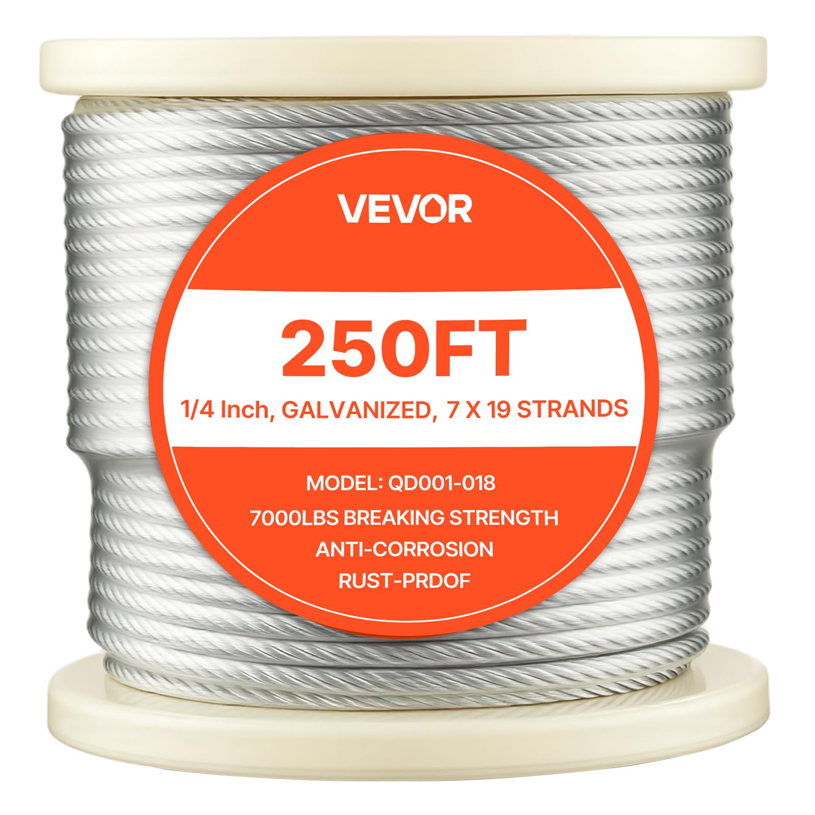VEVOR Cable de Acero al Carbono Galvanizado 6,35 mm, Rollo de Cuerda de Alambre 76,2 m, Resistencia a la Rotura de 31,1 KN Construcción de 7x19 para Barandillas de Terraza, Enrejados de Jardín